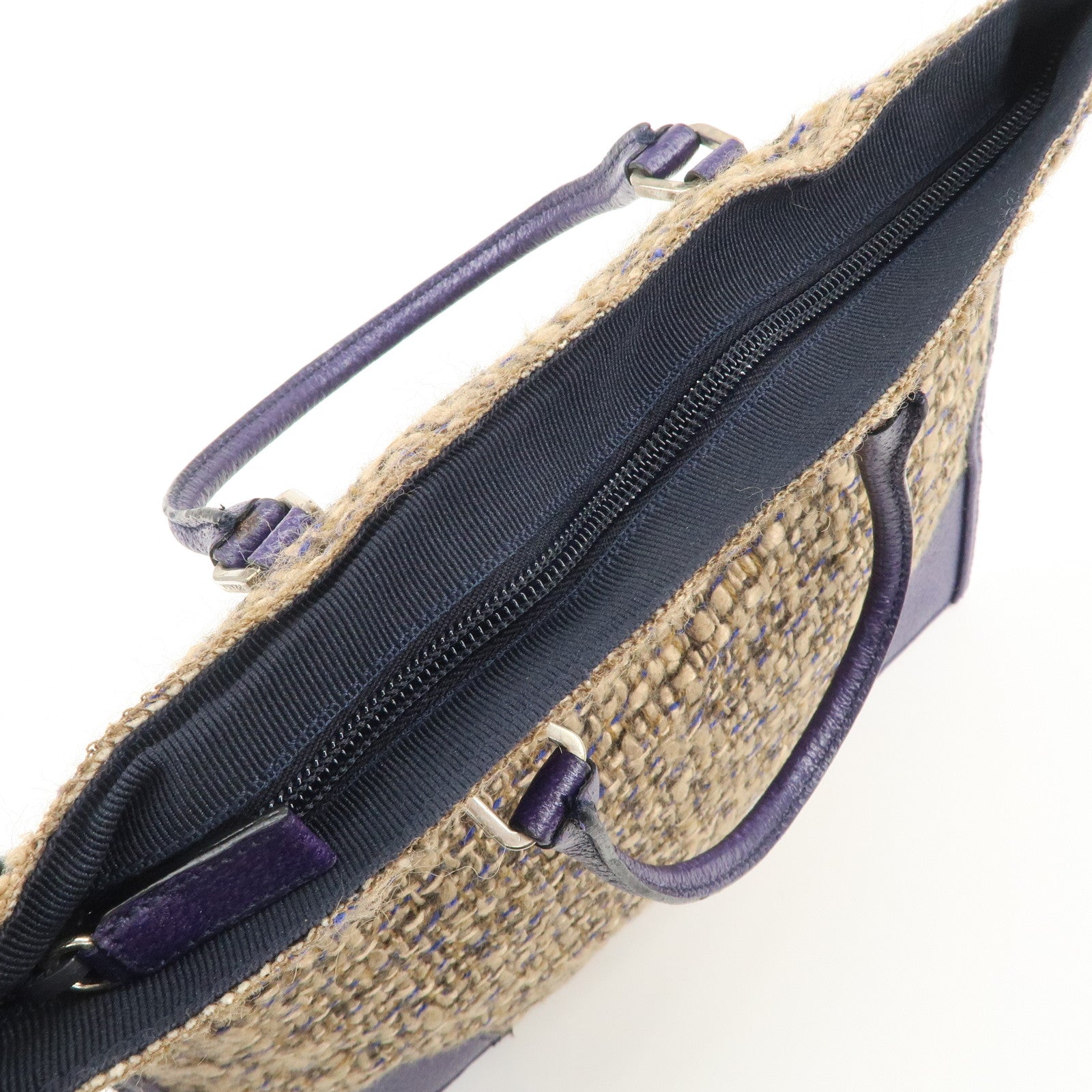 PRADA Triangle Logo Tweed Leather Tote Bag Purple Beige B11261 Used