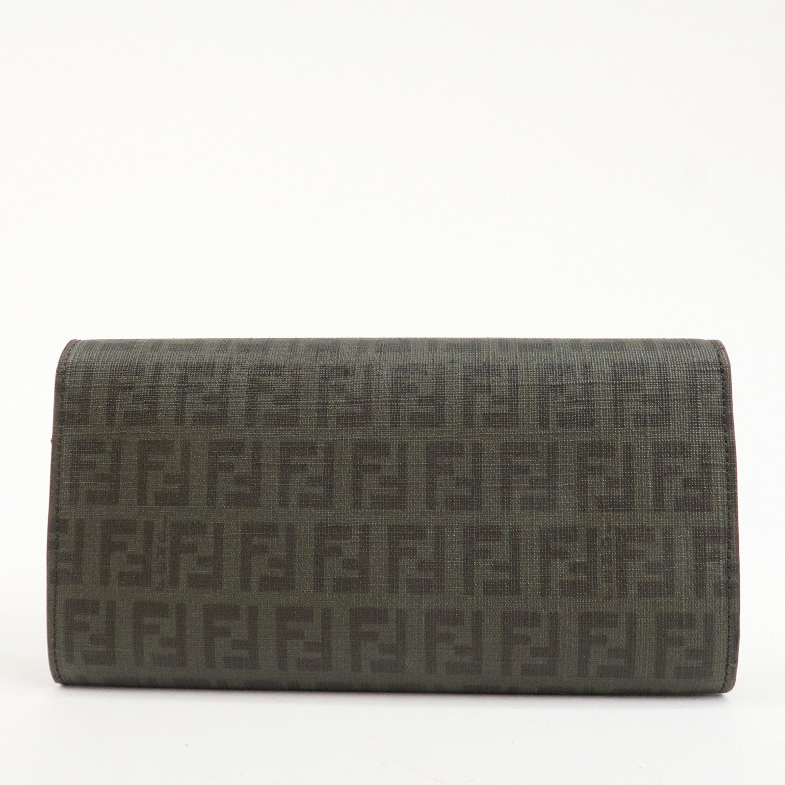 FENDI Zucchino PVC Flap Bi-Fold Long Wallet Black Moss Green 8M0235 Used