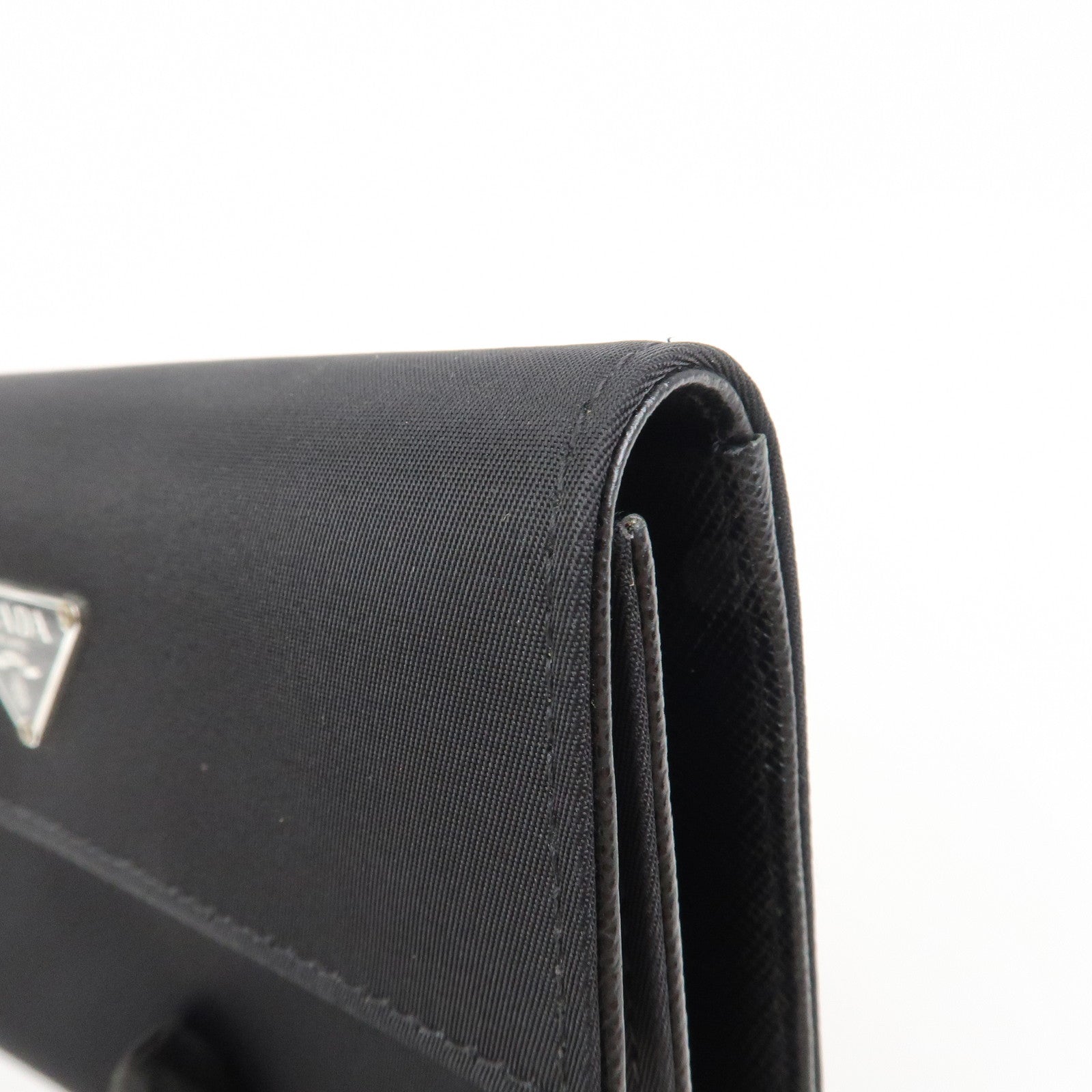 PRADA Triangle Logo Nylon Saffiano Leather Compact Wallet Black