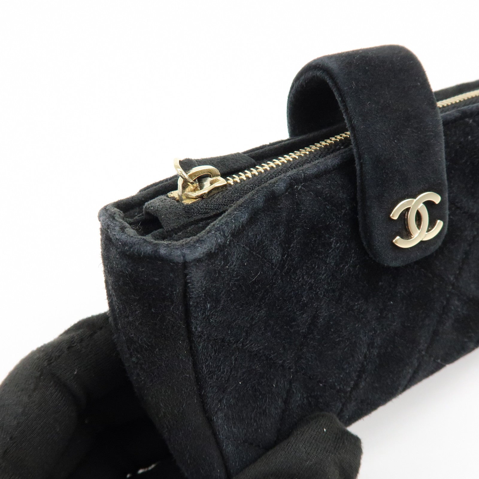 CHANEL Matelasse COCO Mark Suede Cosmetic Makeup Pouch Black