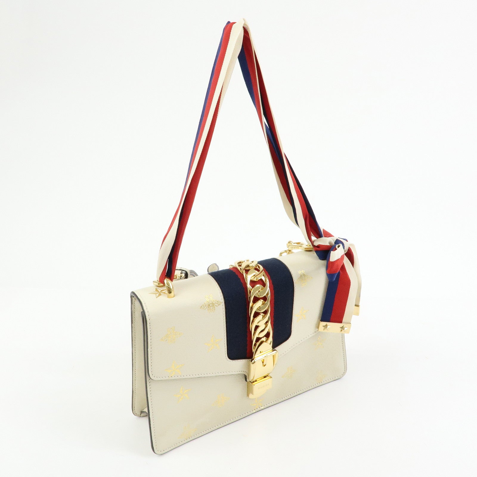 GUCCI Sylvie Sherry Leather Shoulder Bag Ivory Bee & Star 524405