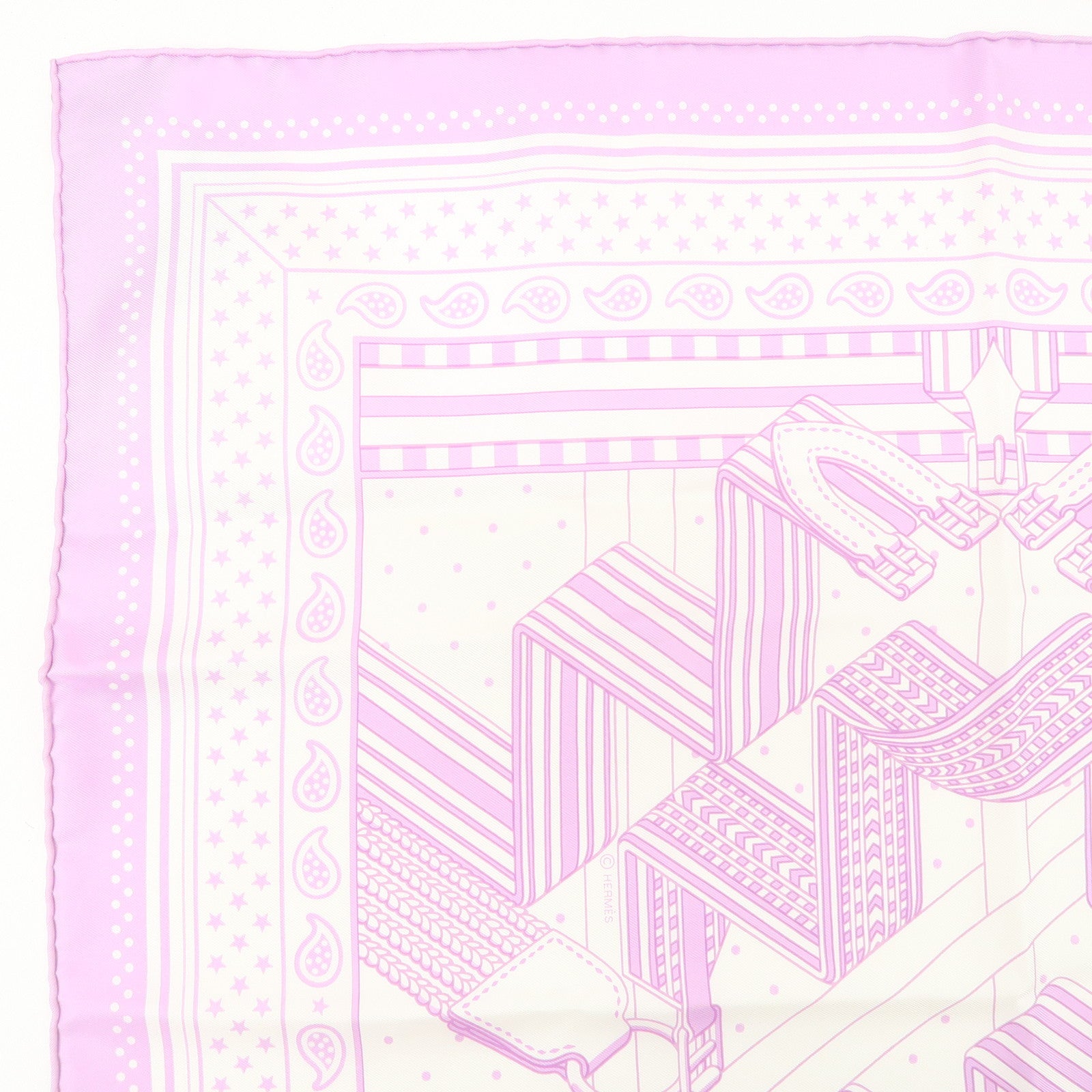 HERMES Carre 55 Silk 100% Scarf SANGLEA EN ZIGZAG Purple White