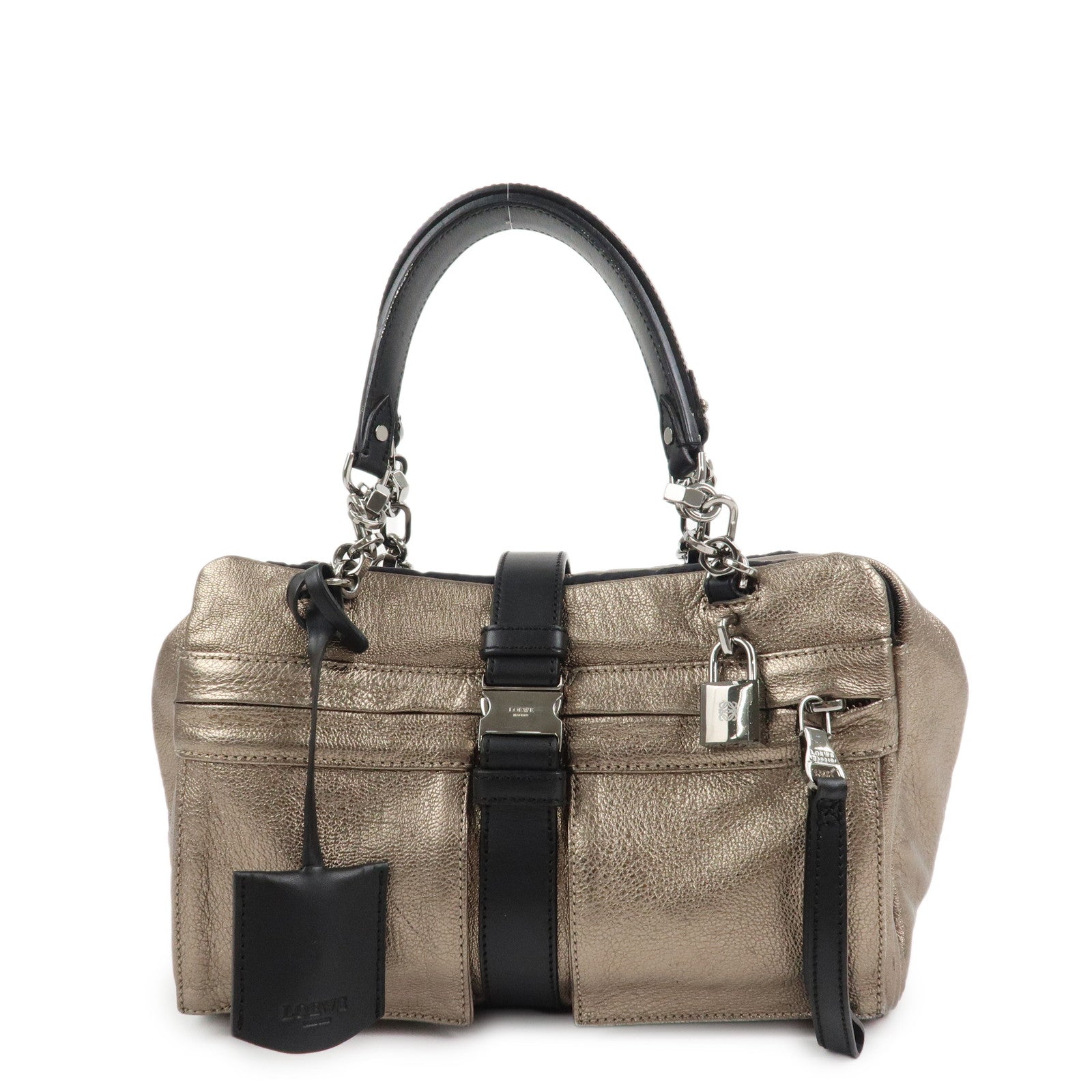 LOEWE Rola 26 Calf Skin Hand Bag Boston Bag Gold Black