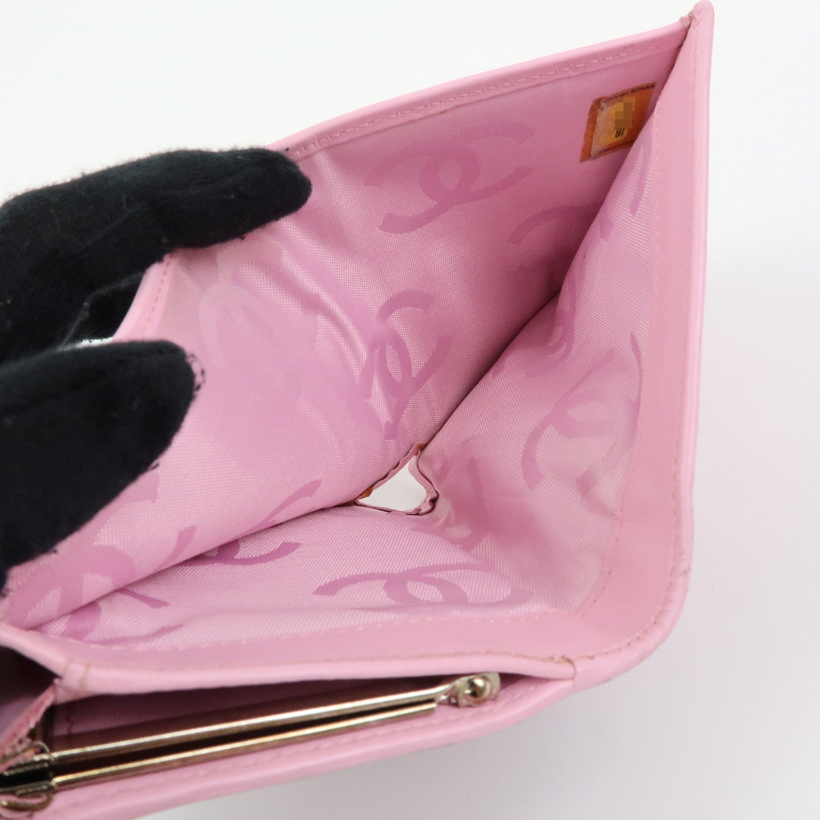 CHANEL Cambon Line Matelasse Lamb Skin Bi-fold Compact Wallet Pink
