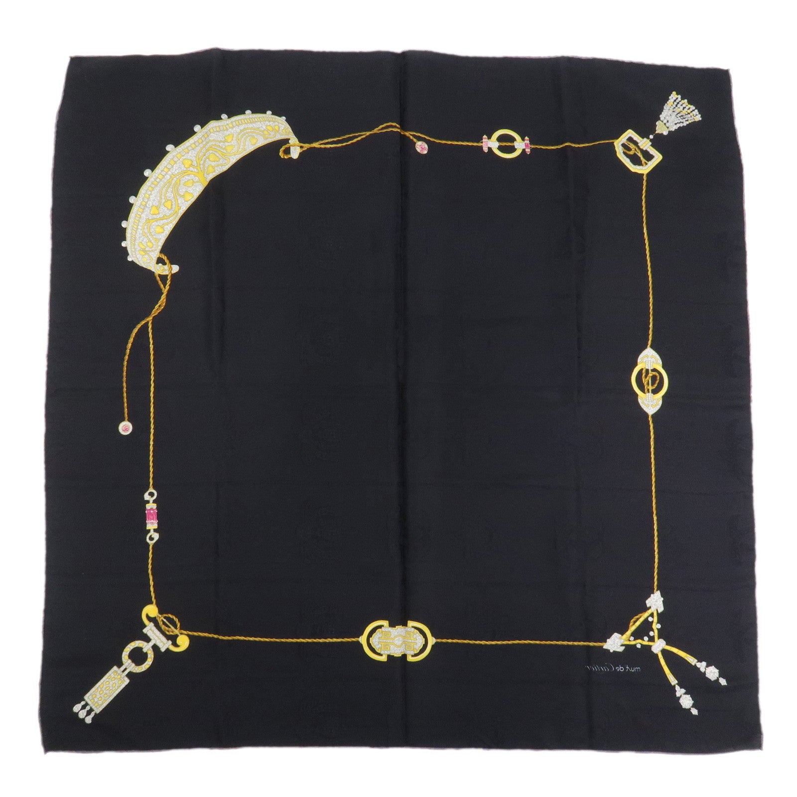 Cartier Must de Cartier Silk 100% Scarf Bijou Pattern Black Yellow