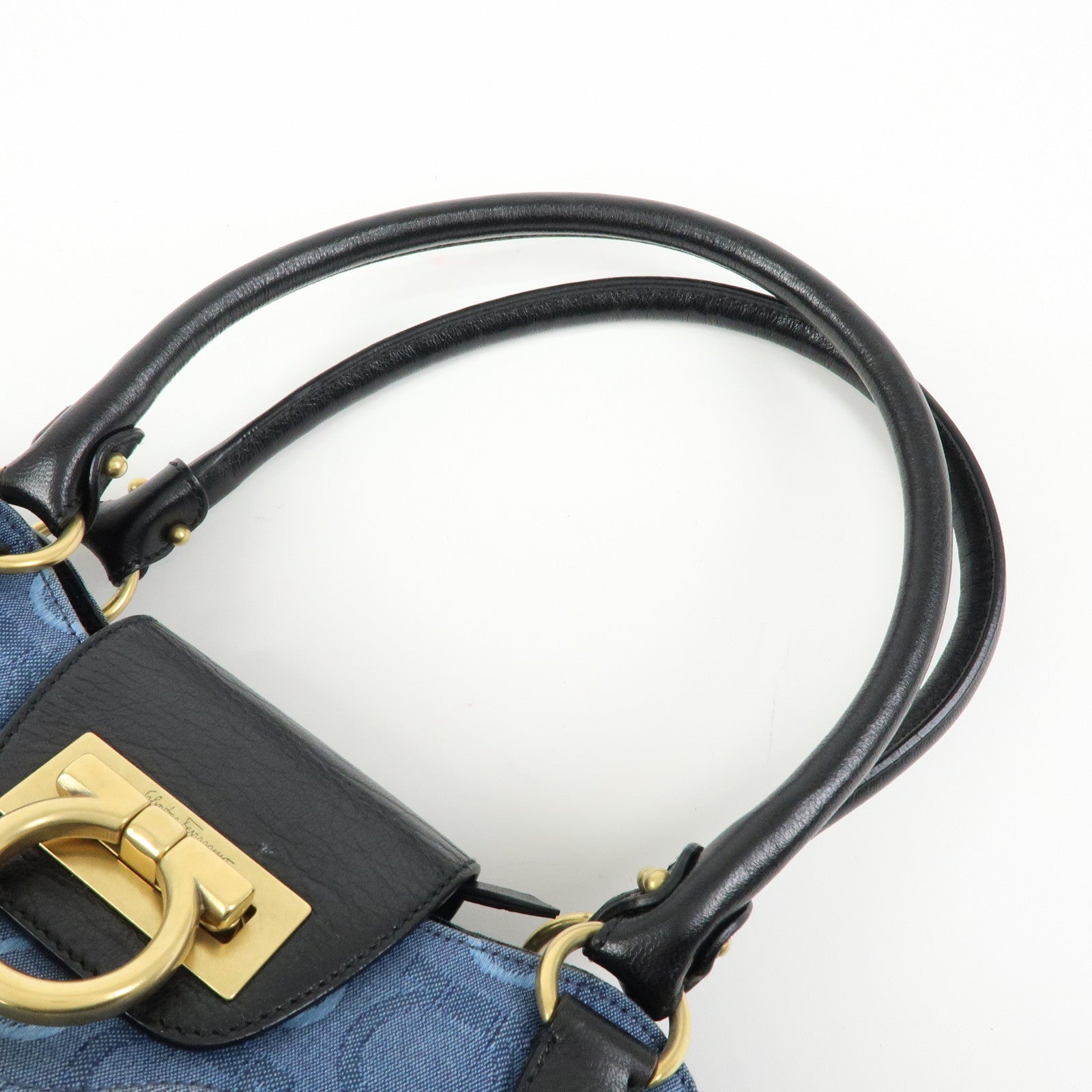Ferragamo Gancini Canvas Leather Hand Bag Shoulder Bag Blue Black