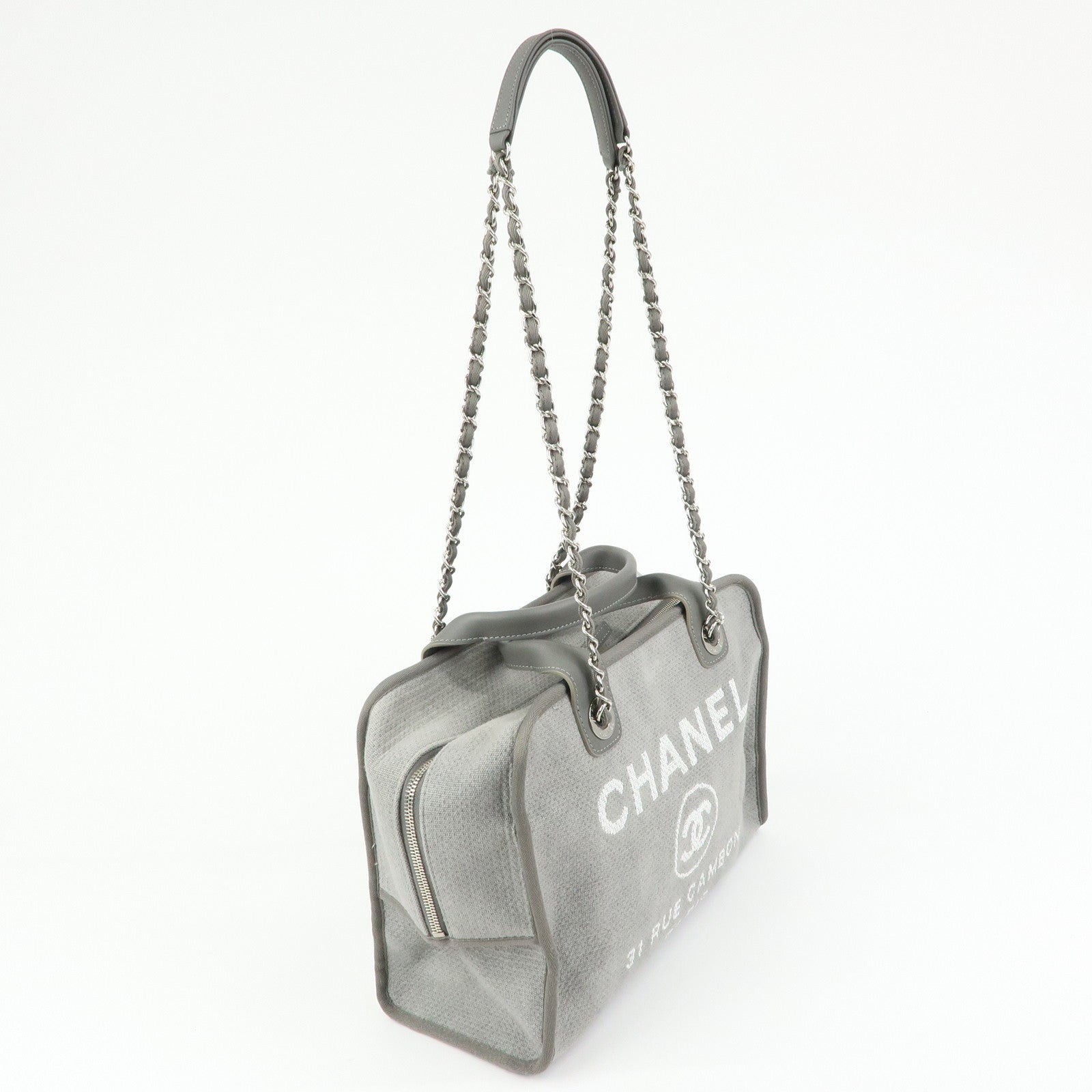 CHANEL Deauville Canvas Leather 2Way Boston Chain Shoulder Bag Gray