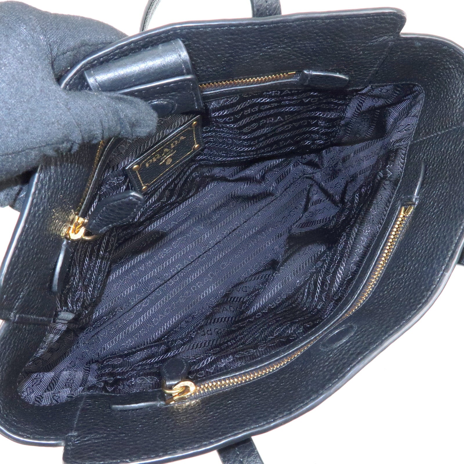 PRADA Logo Grain Calf Leather Tote Bag Shoulder Bag Black 1BG112