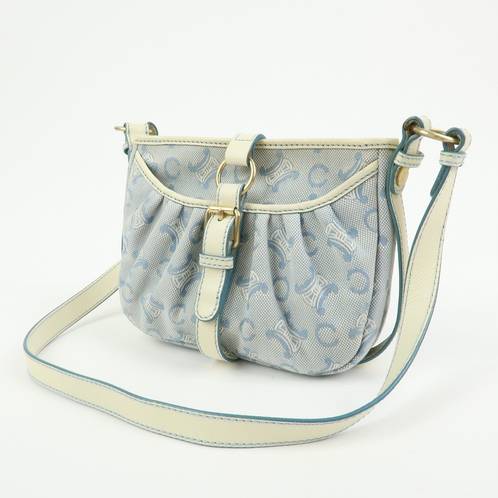 CELINE Macadam Canvas Leather Shoulder Bag Crossbody Bag Light Blue
