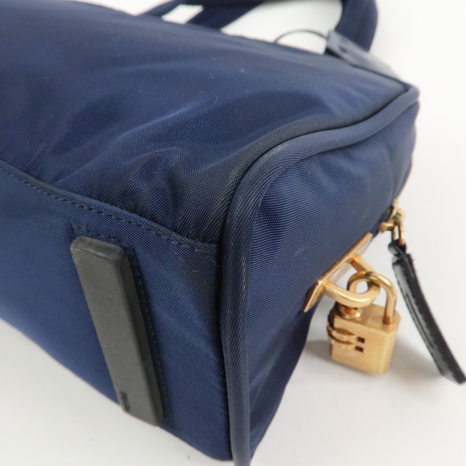 PRADA Triangle Logo Nylon Leather Hand Bag Navy