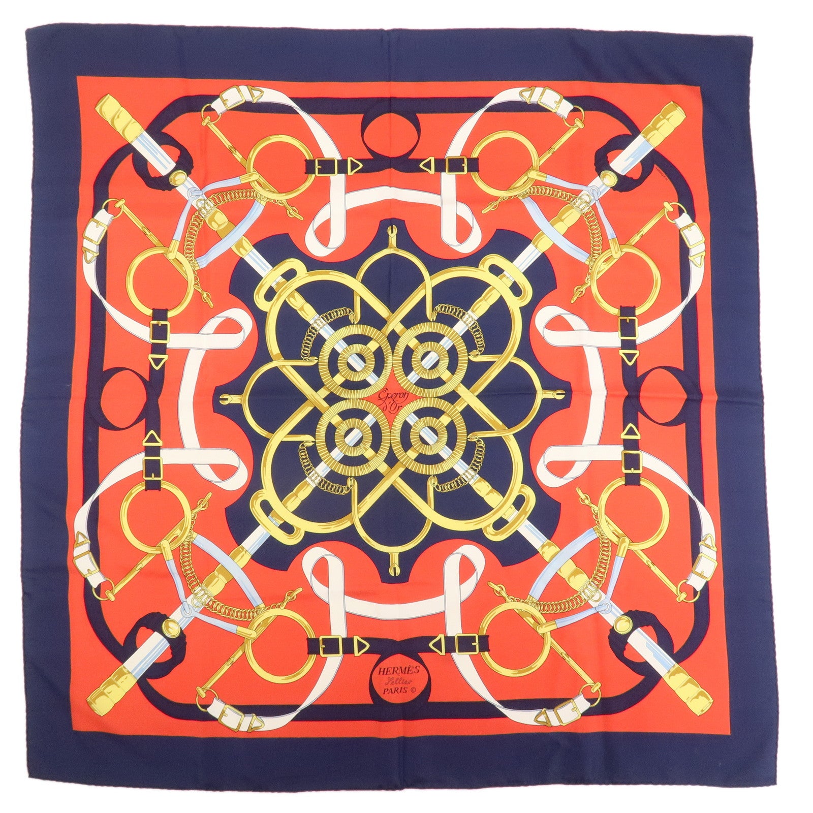 HERMES Carre 90 Silk 100% Scarf Eperon d'or White Navy