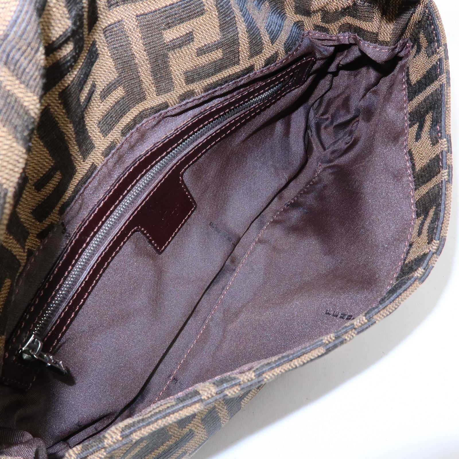 FENDI Mamma Baguette Zucca Canvas Leather Shoulder Bag Brown 26424