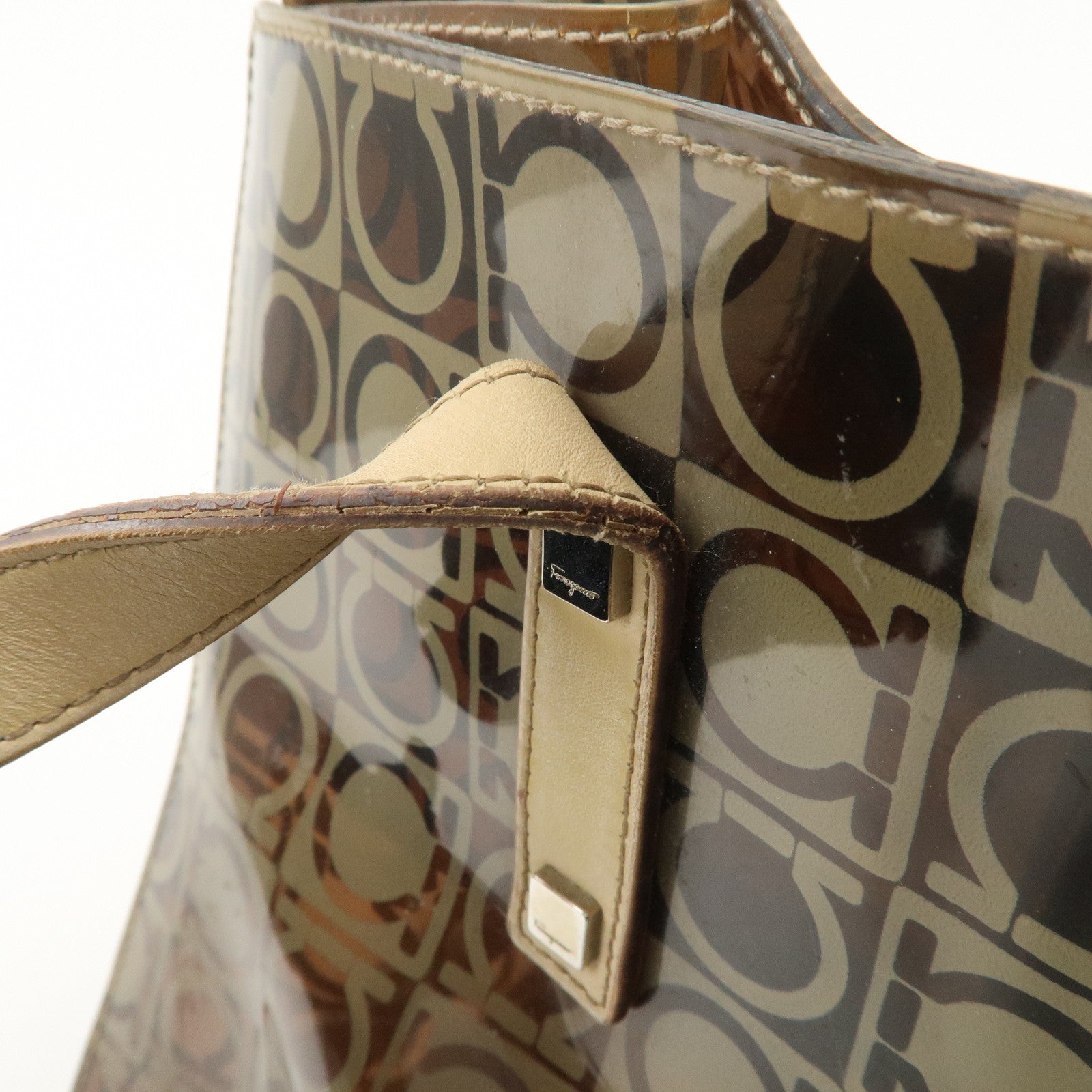 Ferragamo Gancini Vinyl Tote Bag Hand Bag Beige Khaki Silver HDW Used