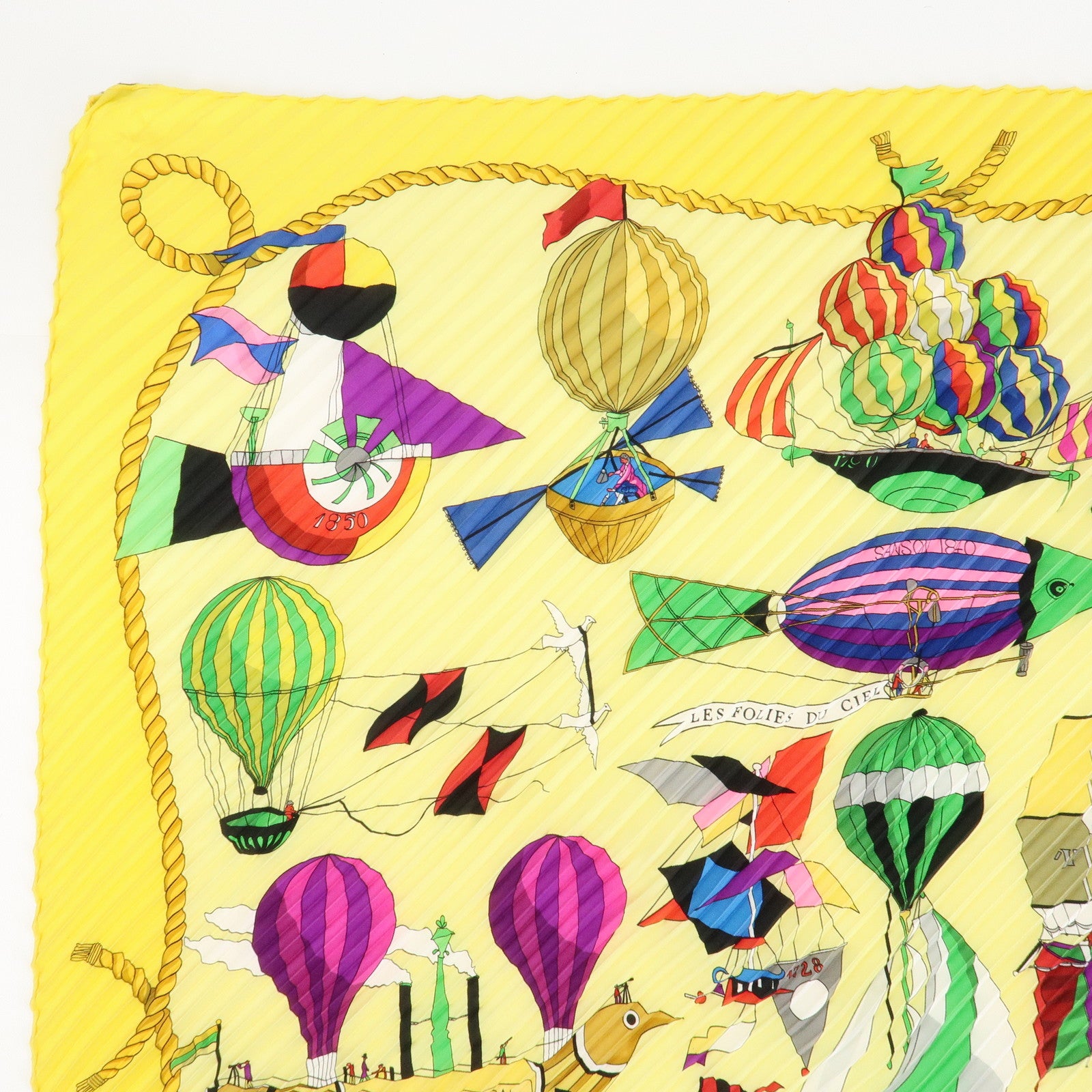 HERMES pleats Carre 90 Silk 100% Scarf Yellow Green Purple Red Used