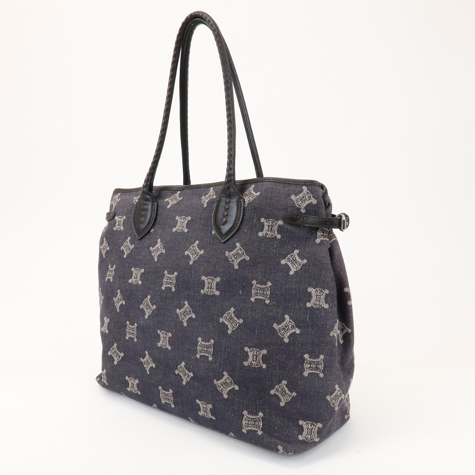 CELINE Macadam Logo Canvas Leather Shoulder Bag Hand Bag Navy