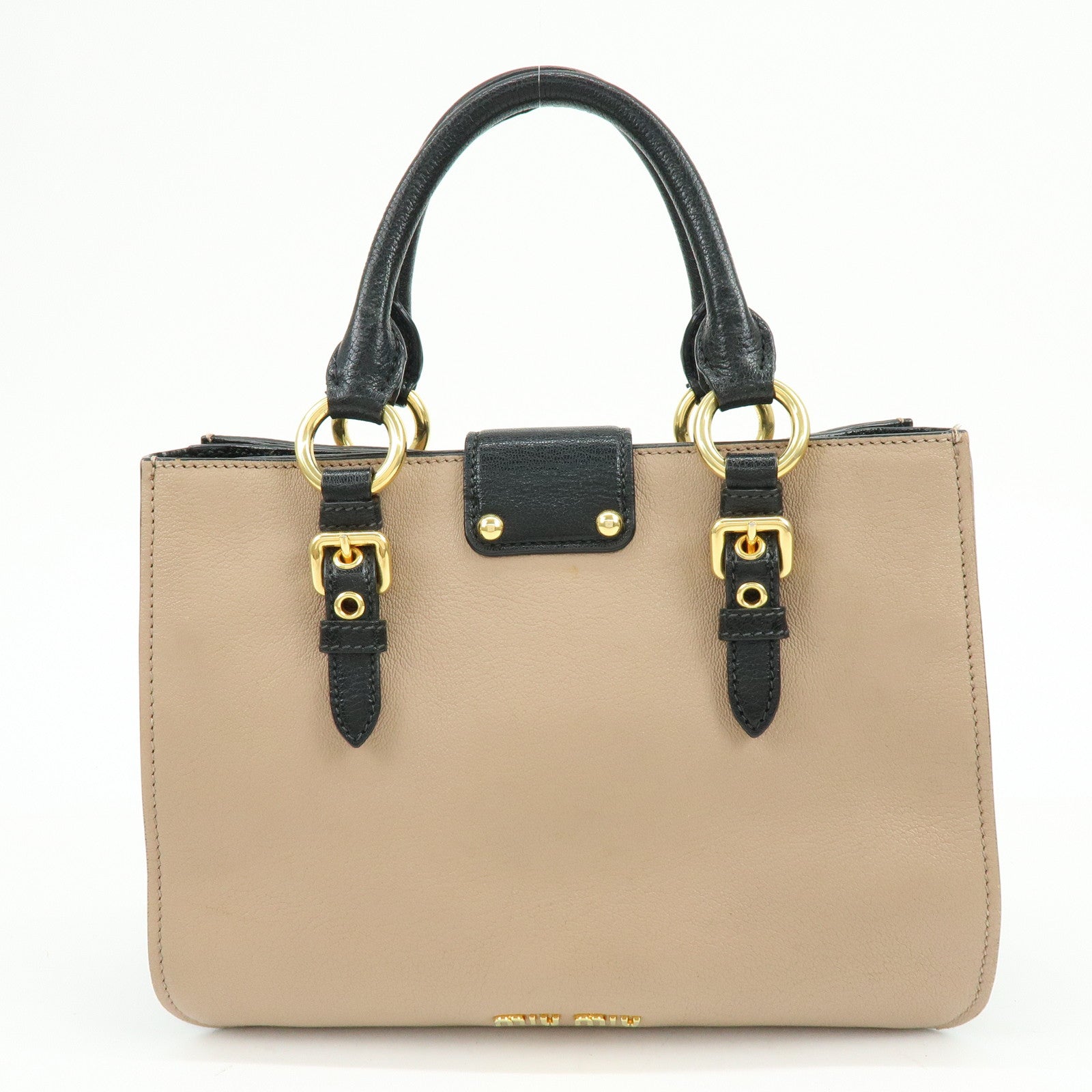 MIU MIU Madras Leather 2Way Hand Bag Bi-color Beige Black RN0799