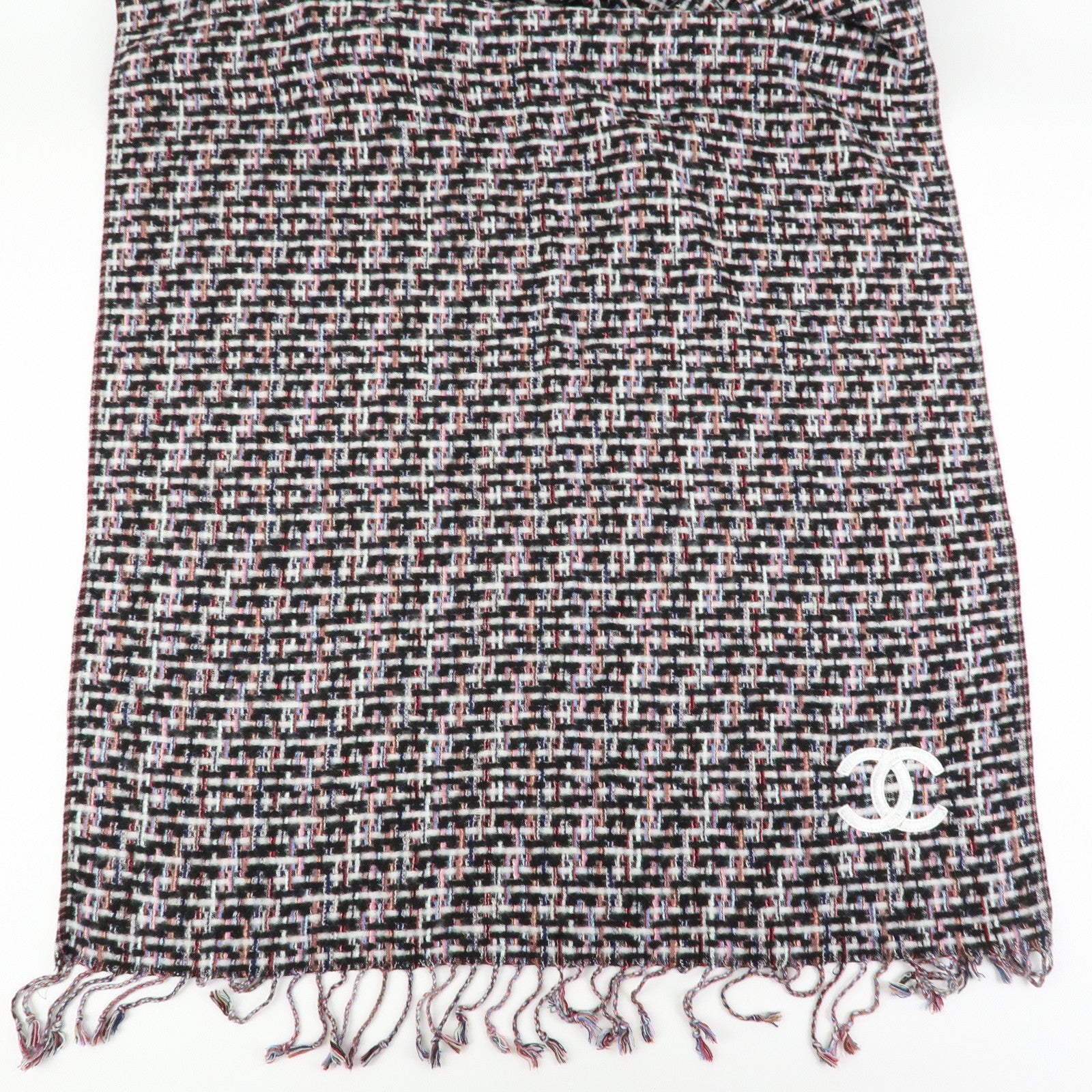 CHANEL COCO Mark Cashmere Silk Scarf Multicolor Black White