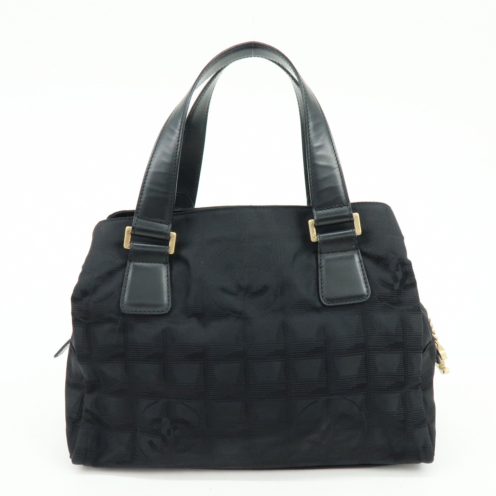 CHANEL New Travel Line Nylon Jacquard Leather Hand Bag Black