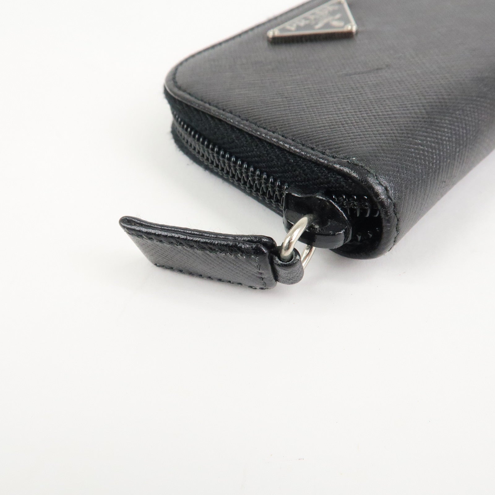 PRADA Triangle Logo Saffiano Leather Round Zippy Coin Case Black