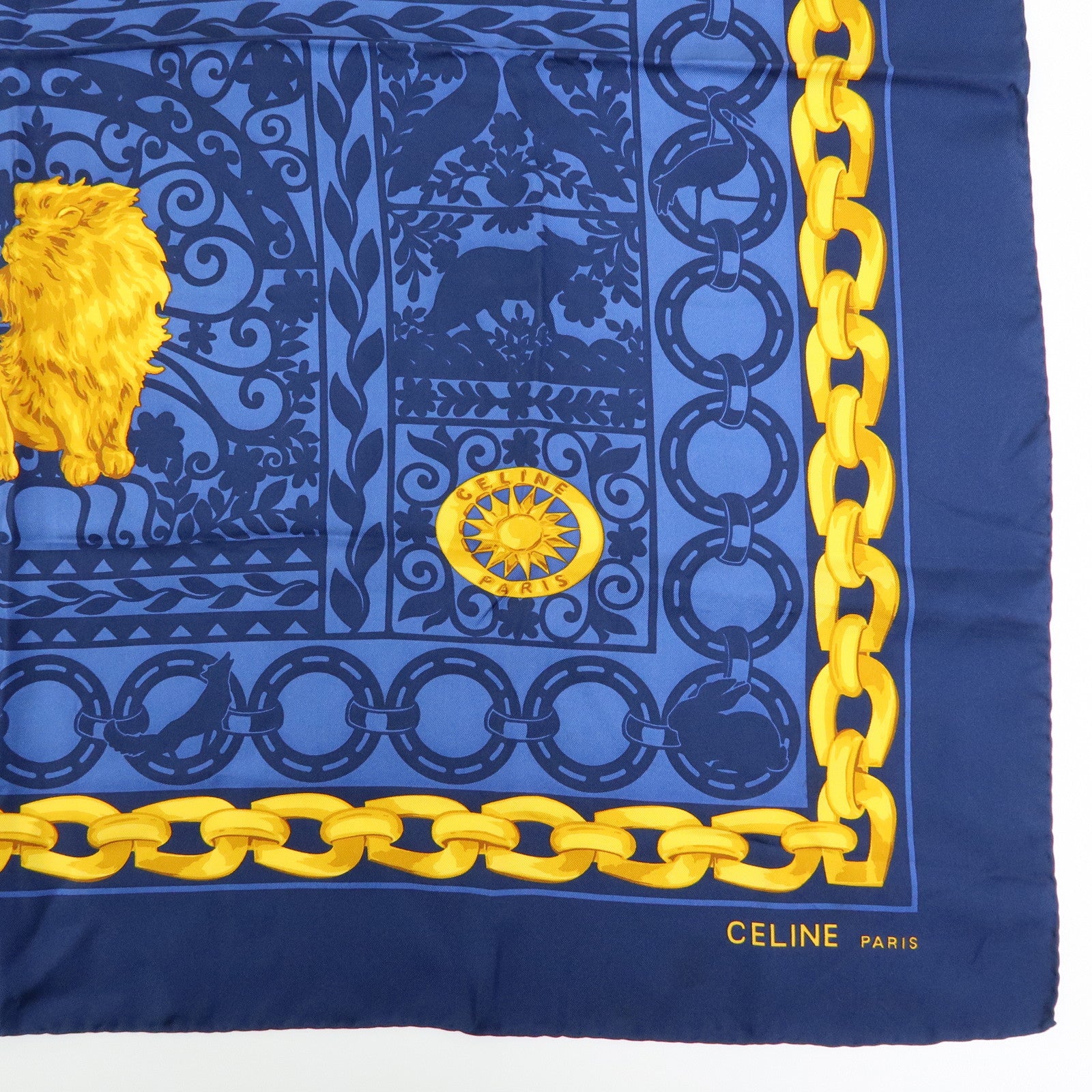 CELINE Silk 100% Scarf Lion Chain Motif Blue Yellow