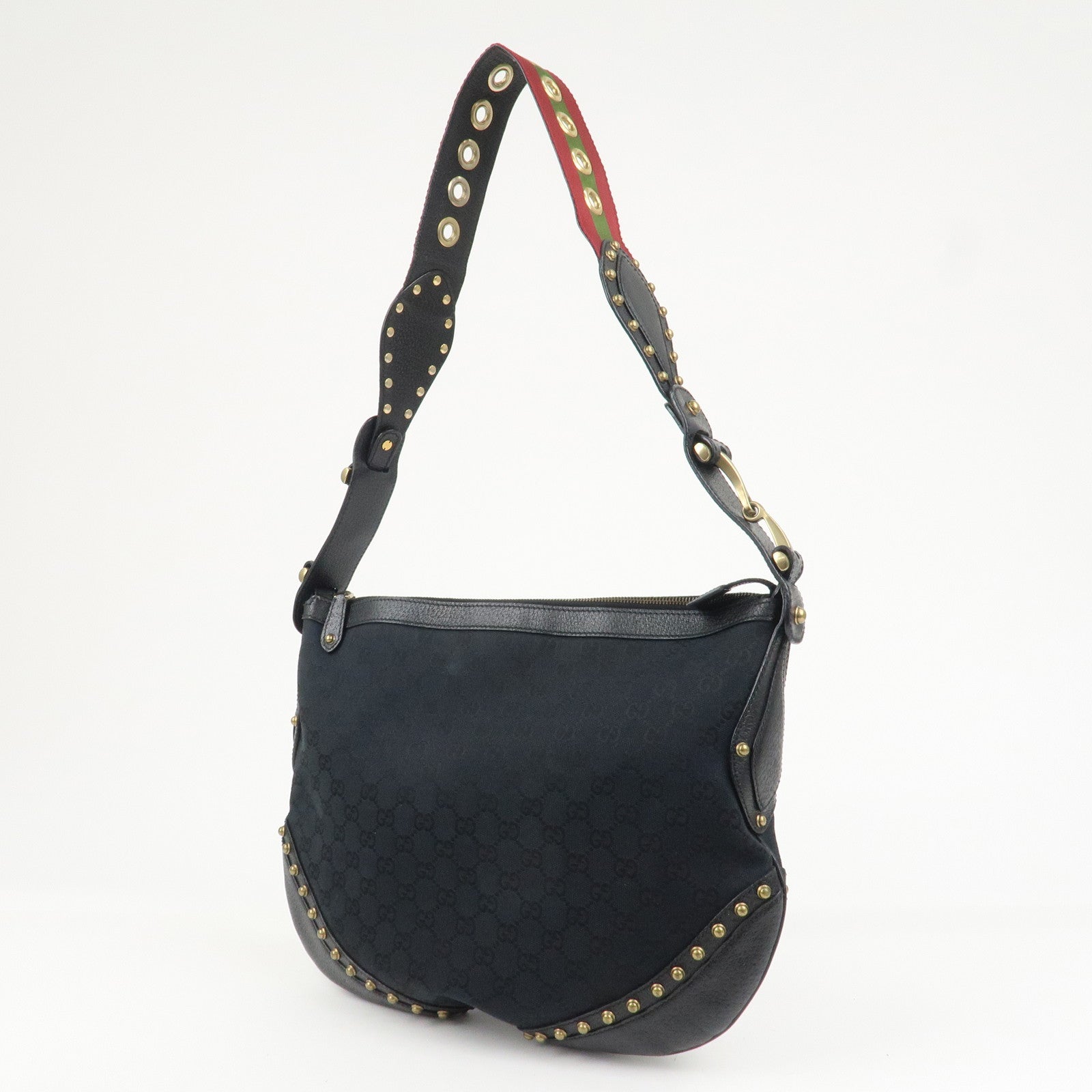 GUCCI Sherry GG Canvas Leather Studs Shoulder Bag Black 144011