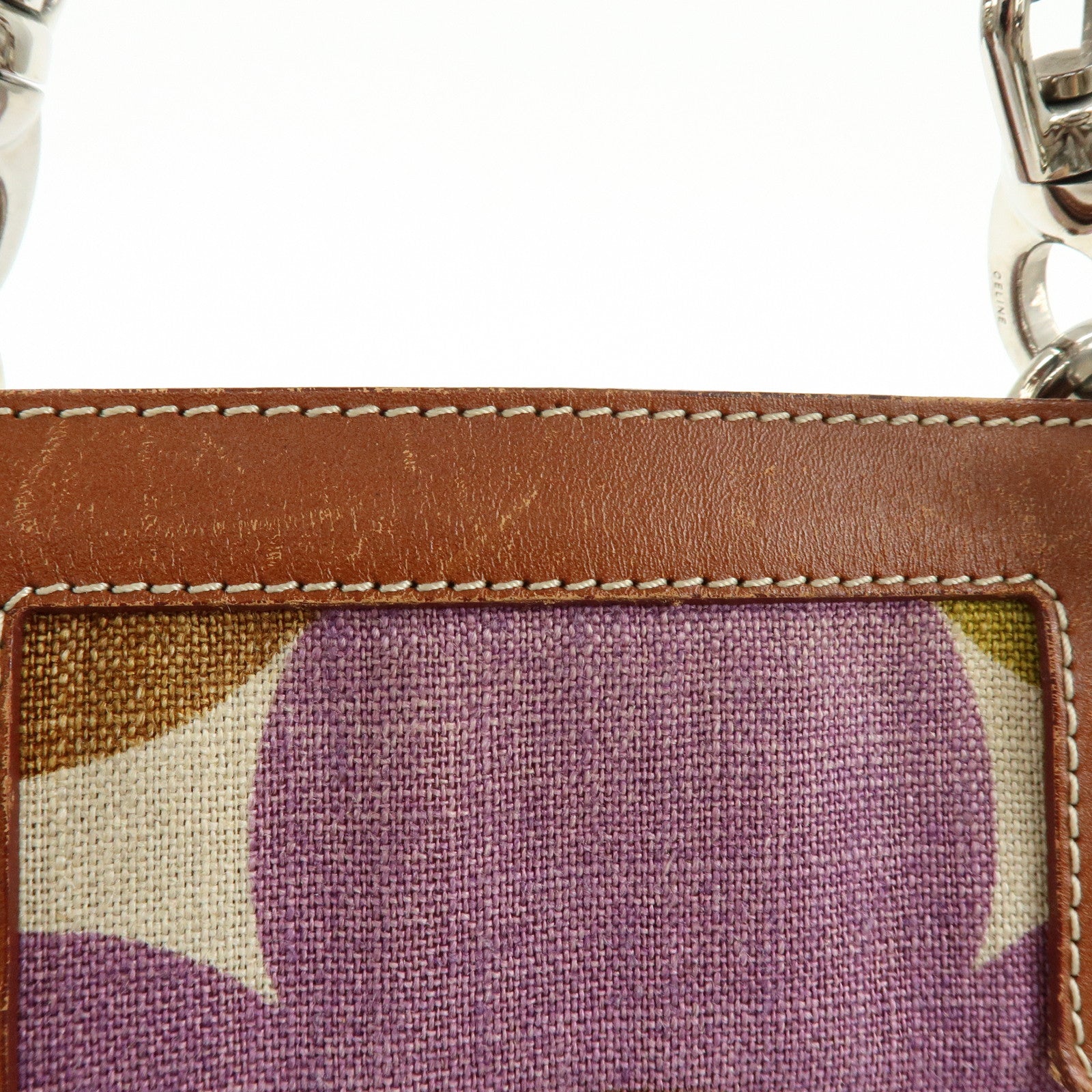 CELINE Flower Canvas Leather Tote Bag Shoulder Bag Brown Natural