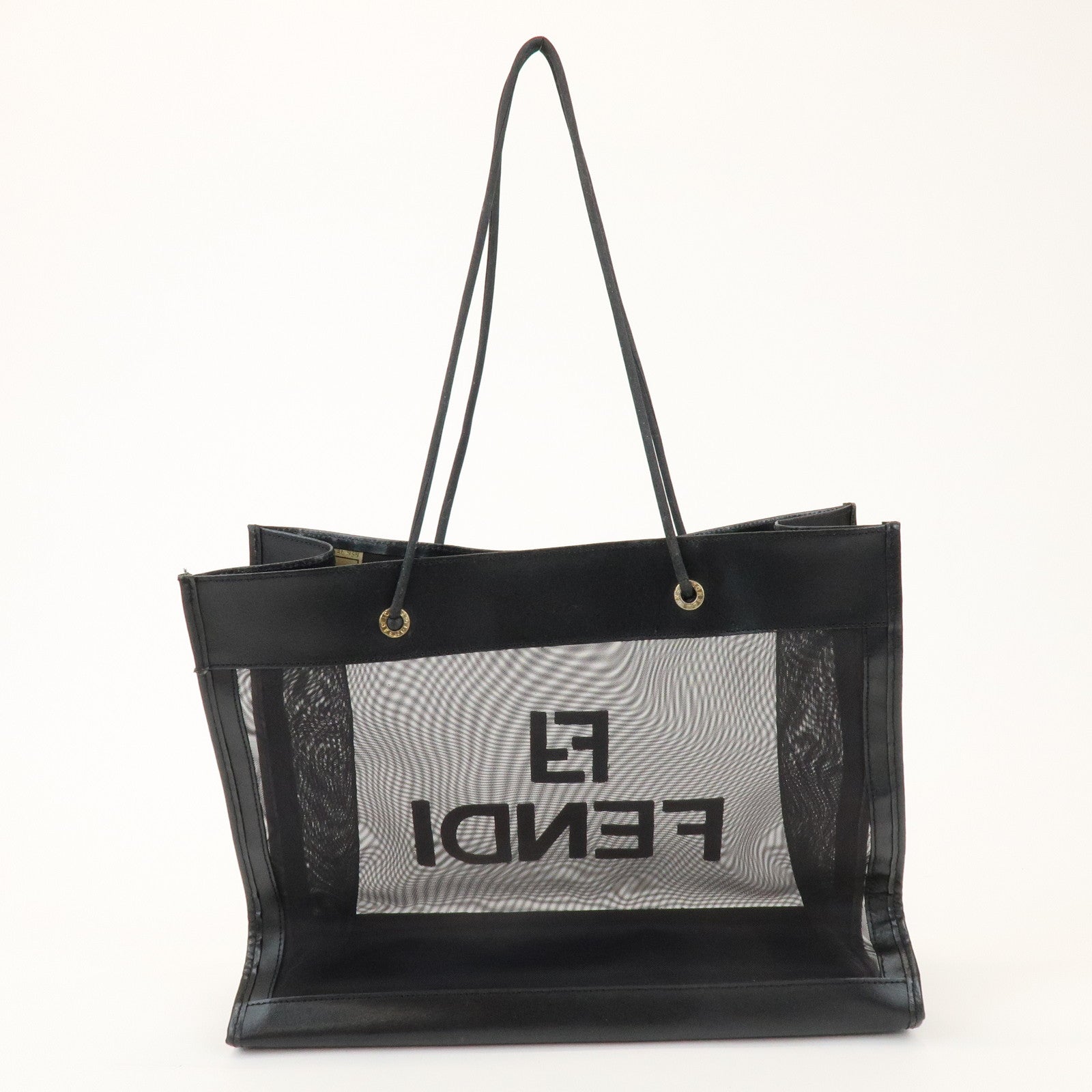 FENDI Mesh Leather Tote Bag Shoulder Bag Black 259646
