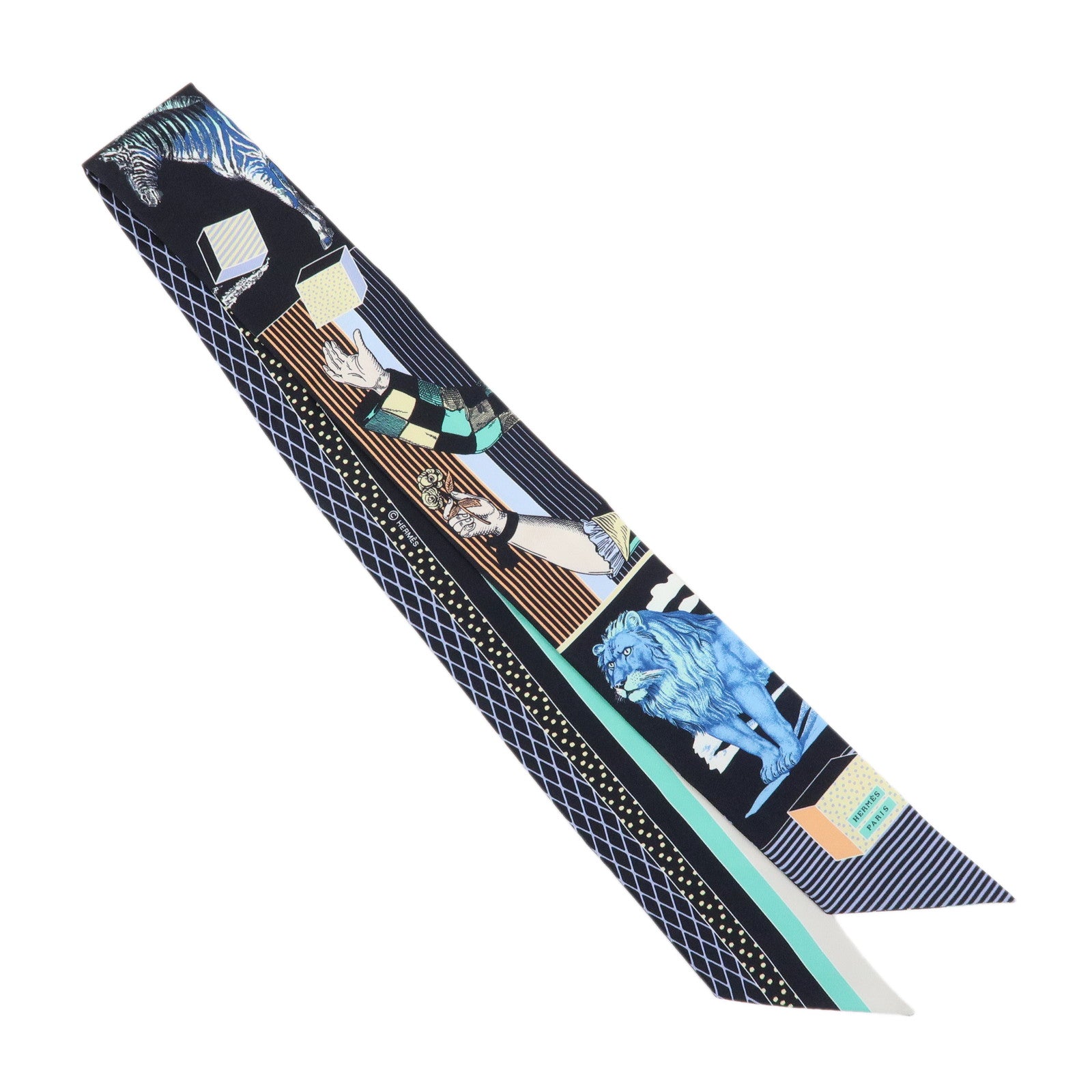 HERMES Silk 100% Twilly Scraf Grand Theatre Nouveau Black