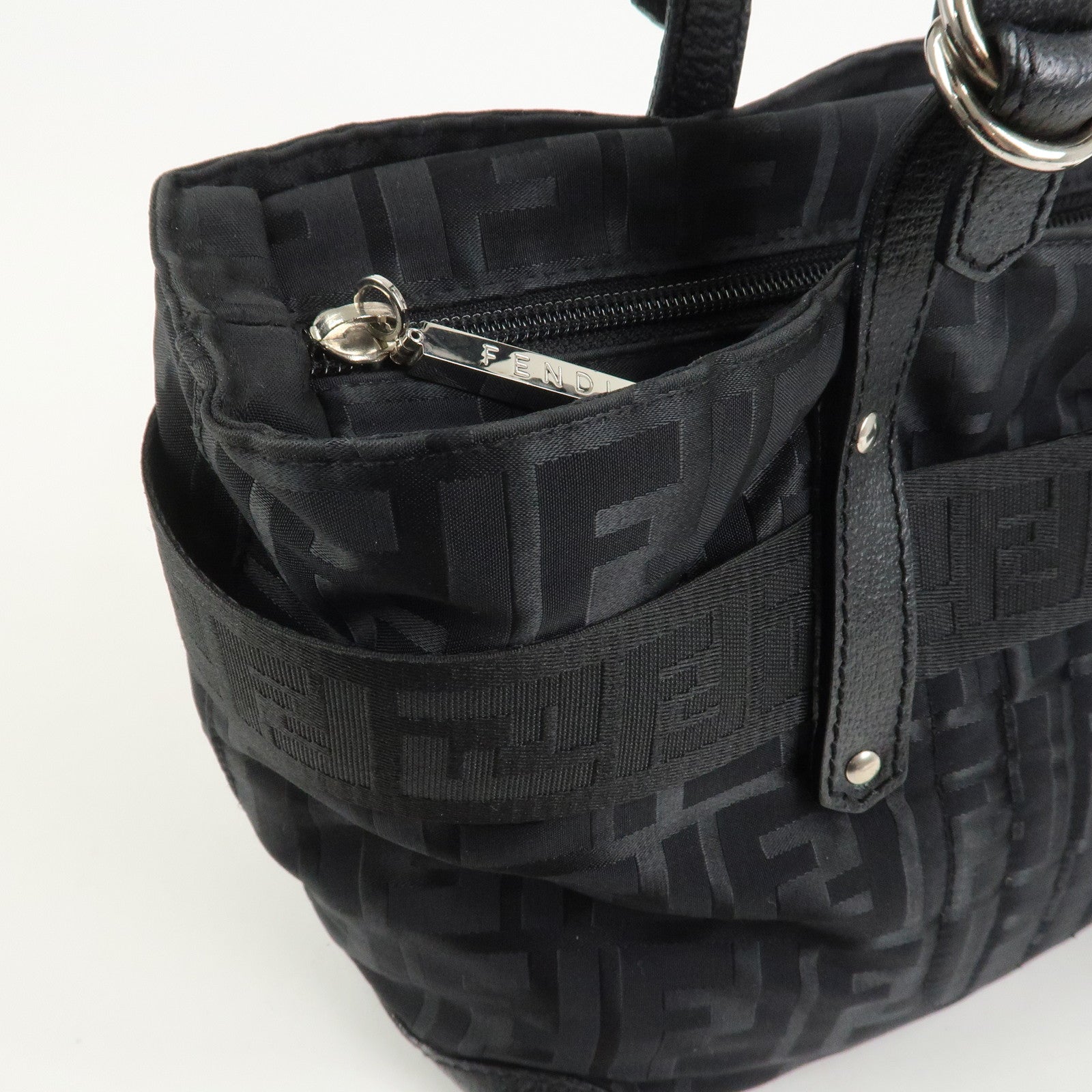 FENDI Zucca Nylon Leather Shoulder Bag Hand Bag Black 8BH143