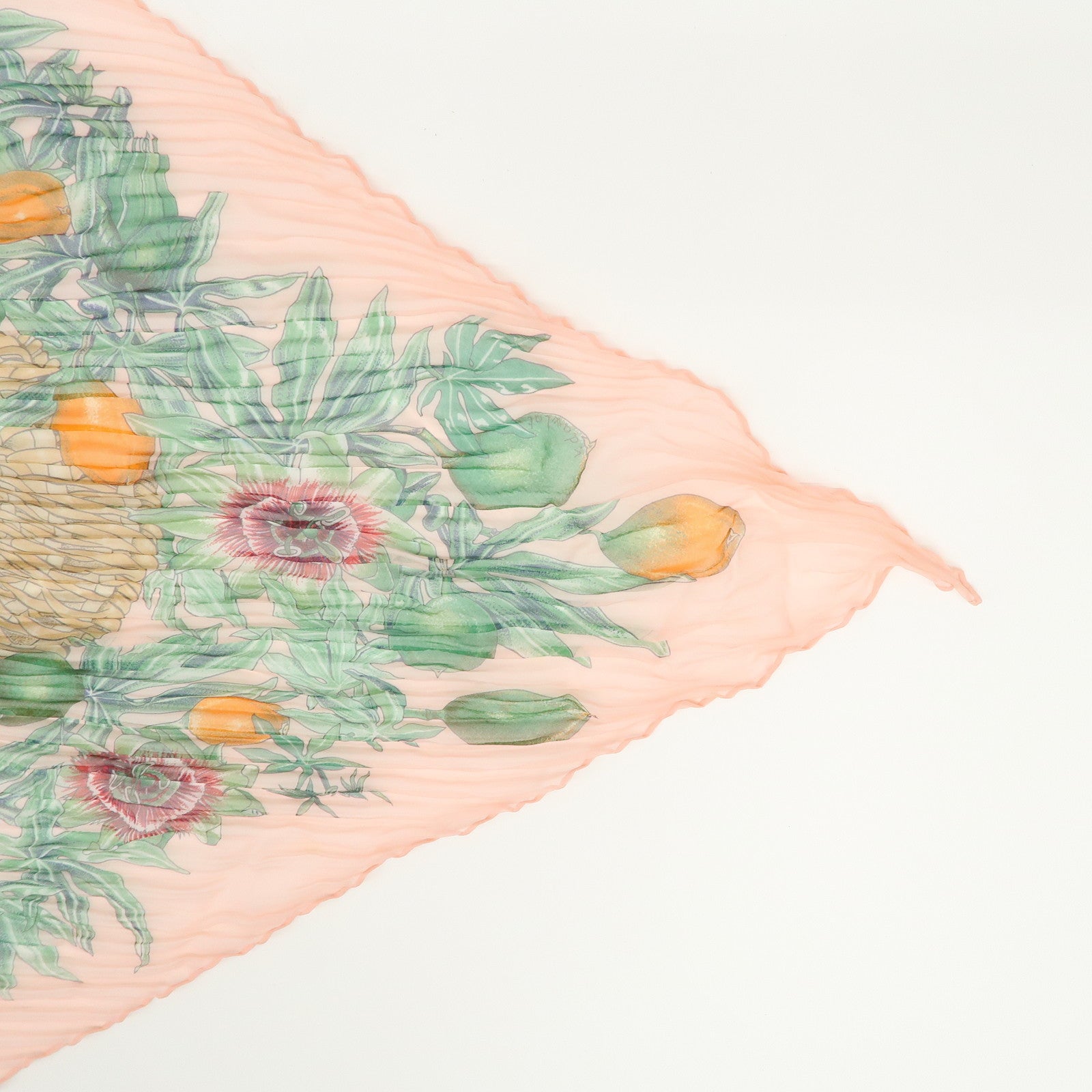 HERMES Pleated Carre Silk 100% Scarf PASSIFLORES Pink Multicolor