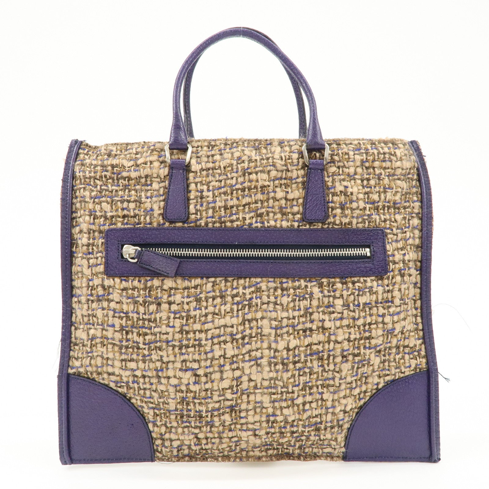 PRADA Triangle Logo Tweed Leather Tote Bag Purple Beige B11261 Used