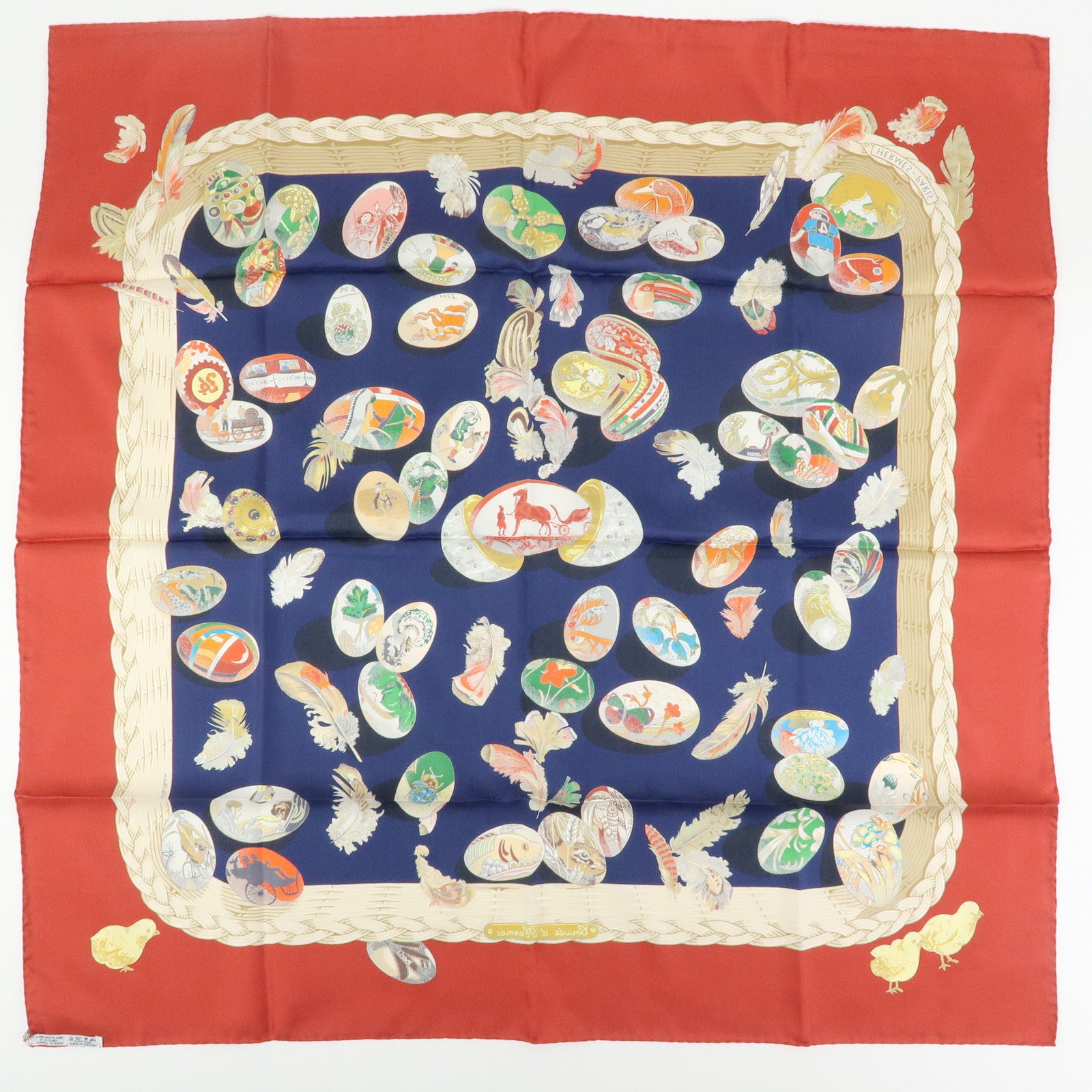 HERMES Carre 90 Silk 100% Scarf COUVEE D HERMES Egg Print Navy Red