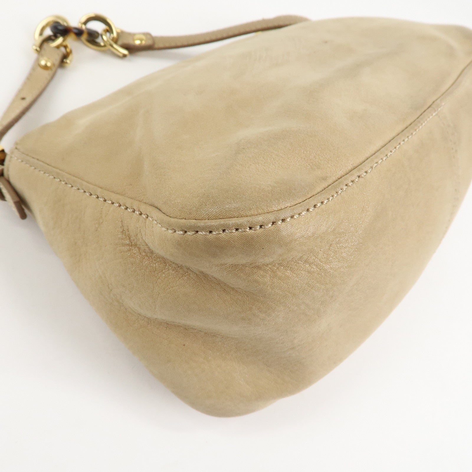 FENDI Mamma Baguette Leather Chain Shoulder Bag Beige 8BR180 Used