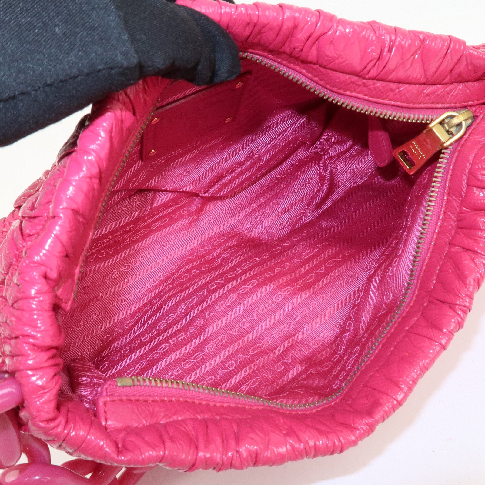 PRADA Logo Patent Leather Chain Shoulder Bag Hand Bag Pink BR4075