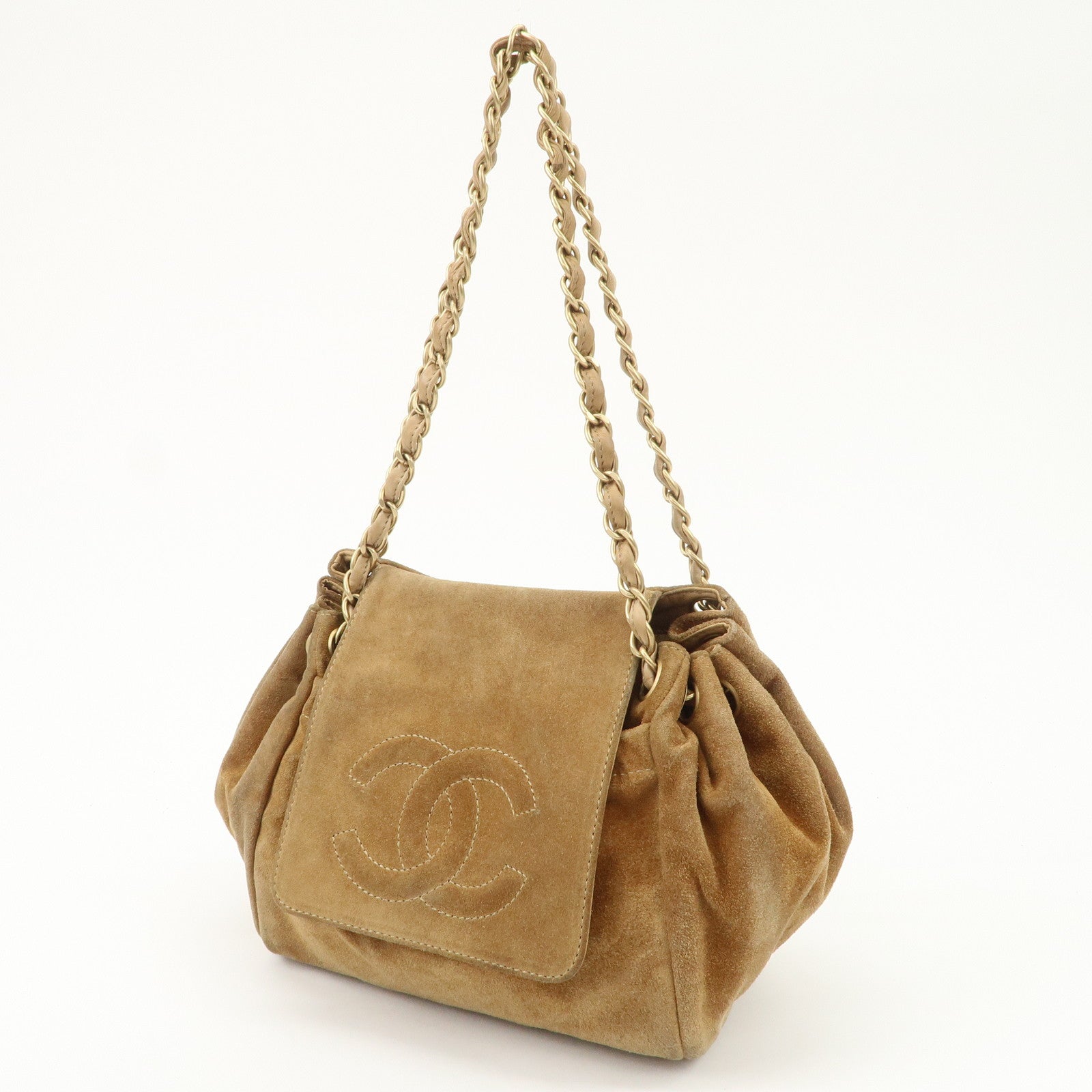 CHANEL COCO Mark Leather Suede Chain Shoulder Bag Beige Gold Used
