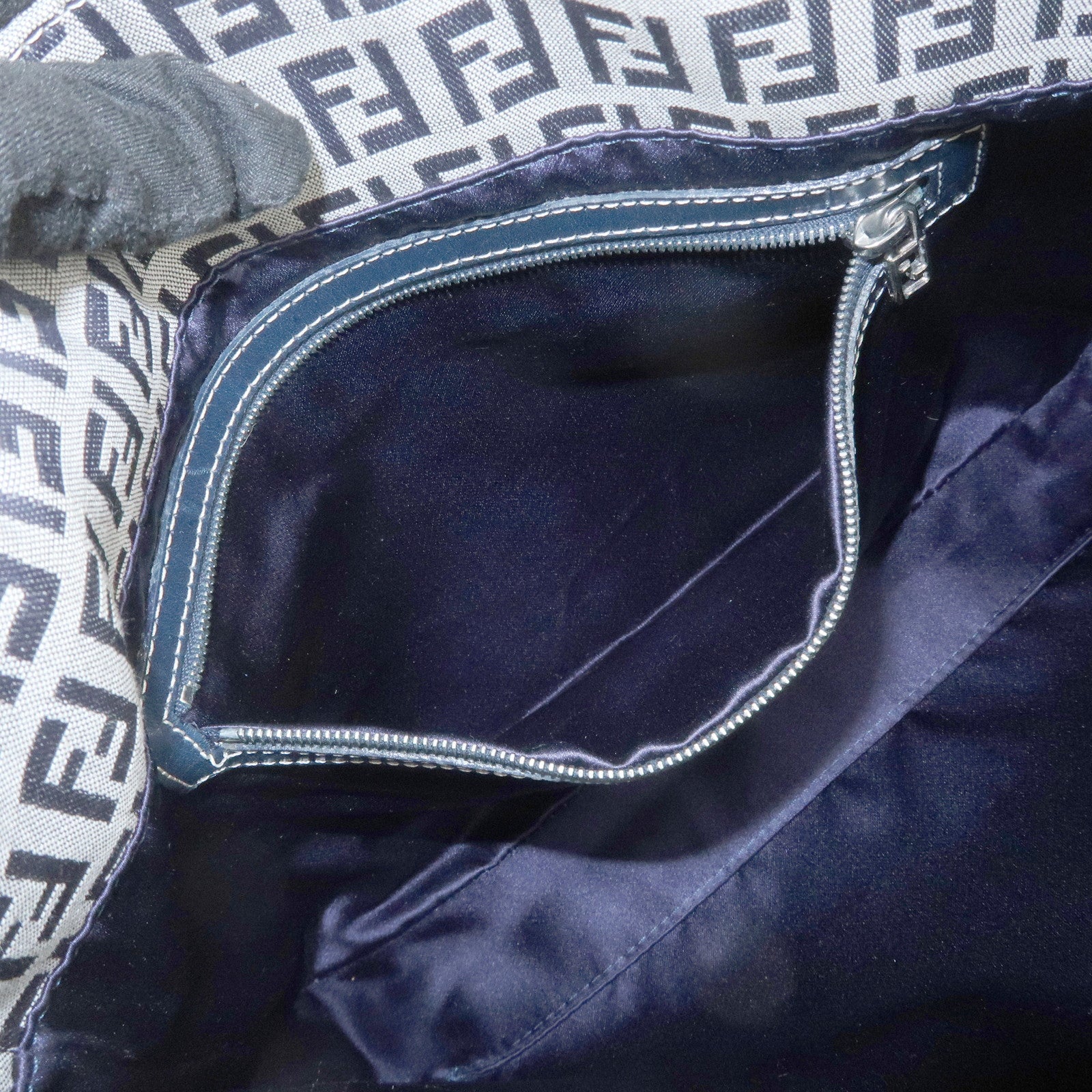 FENDI Zucchino Canvas Leather Tote Bag Shoulder Bag Navy Gray