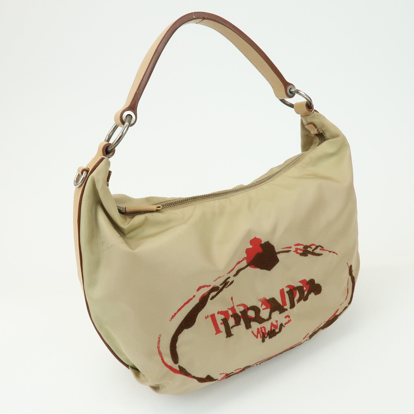 PRADA Logo Nylon Leather Shoulder Bag Hand Bag Beige BR3315