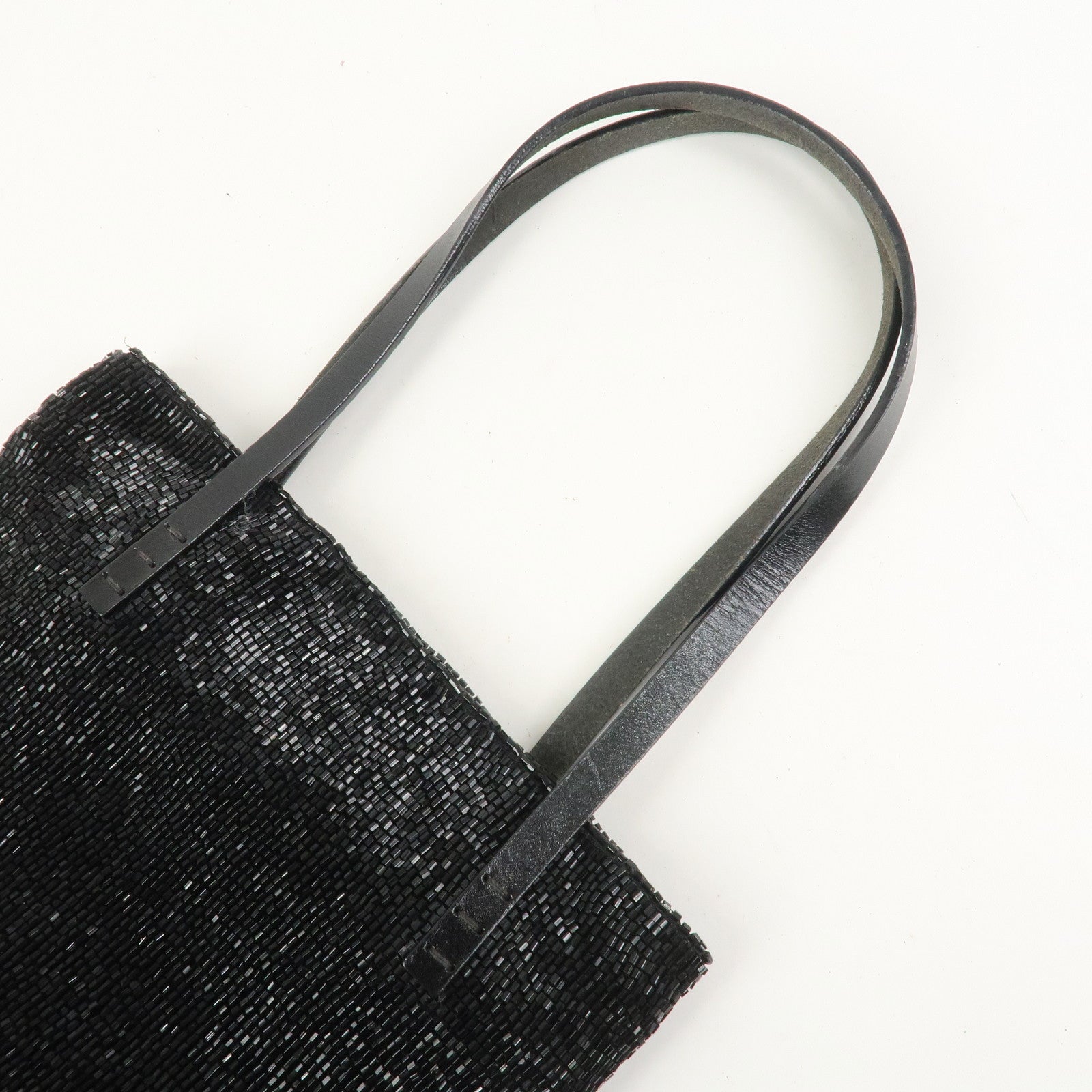 FENDI Logo Beads Leather Hand Bag Tote Bag Black
