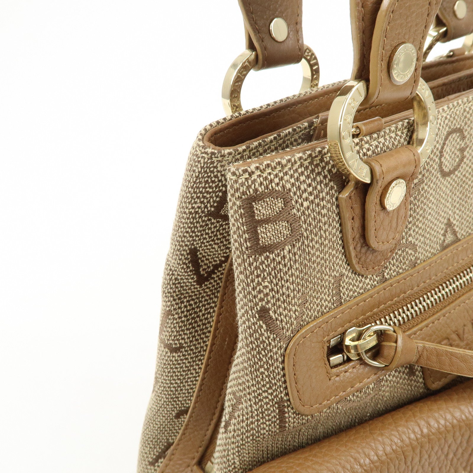 BVLGARI Logo Mania Canvas Leather Hand Bag Light Brown