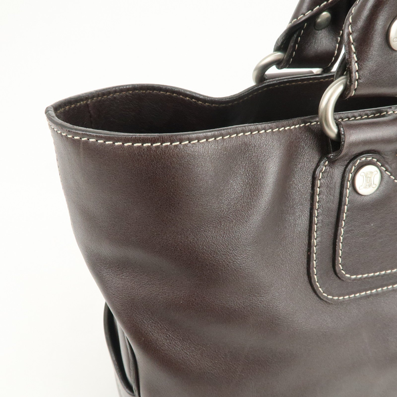 CELINE Macadam Logo Leather Tote Bag Hand Bag Dark Brown