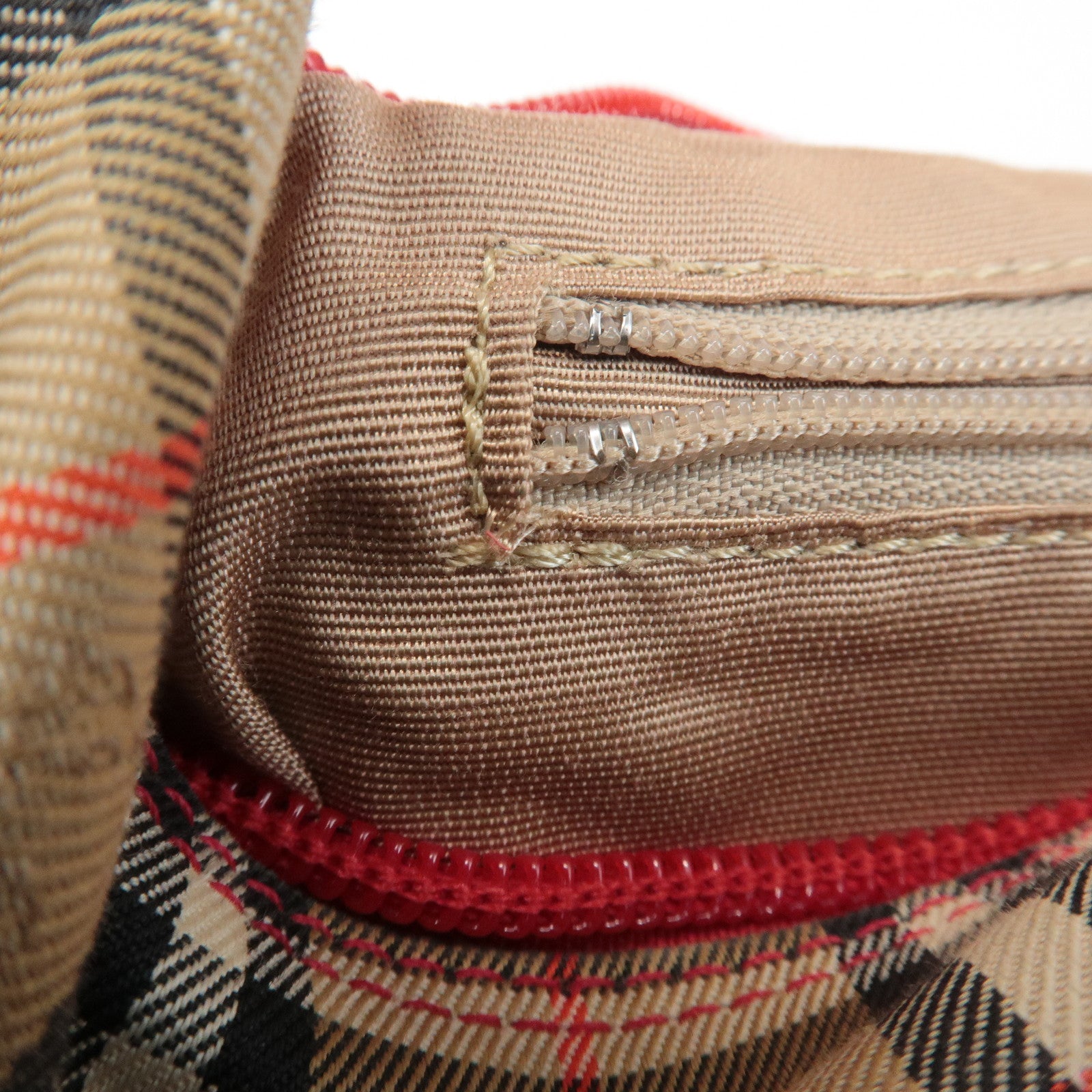 BURBERRY Nova Plaid Canvas Leather Shoulder Bag Red Used