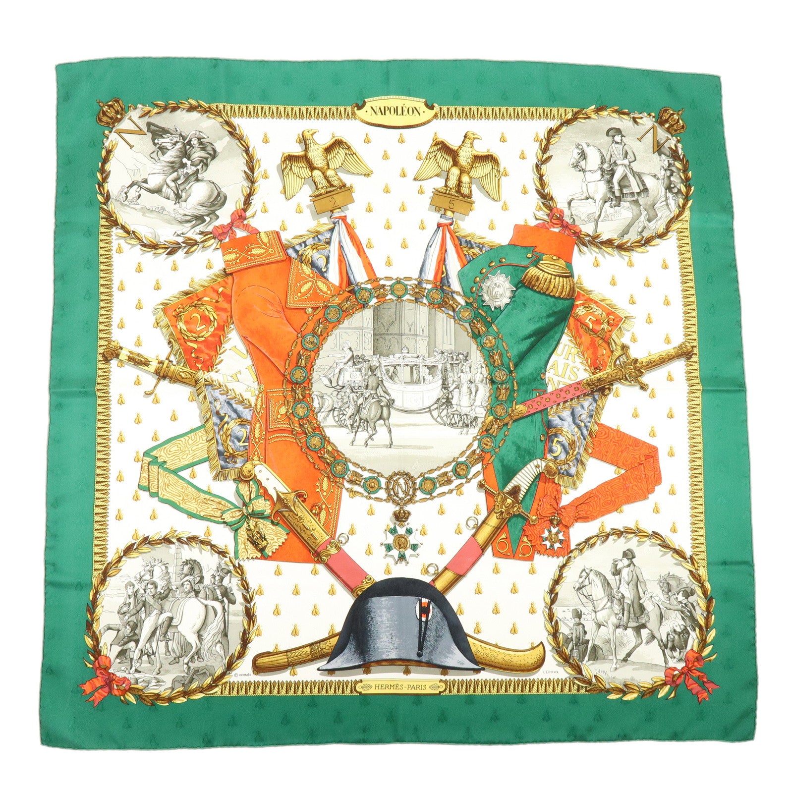 HERMES Carre 90 Silk 100% Scarf NAPOLEON Green White Red