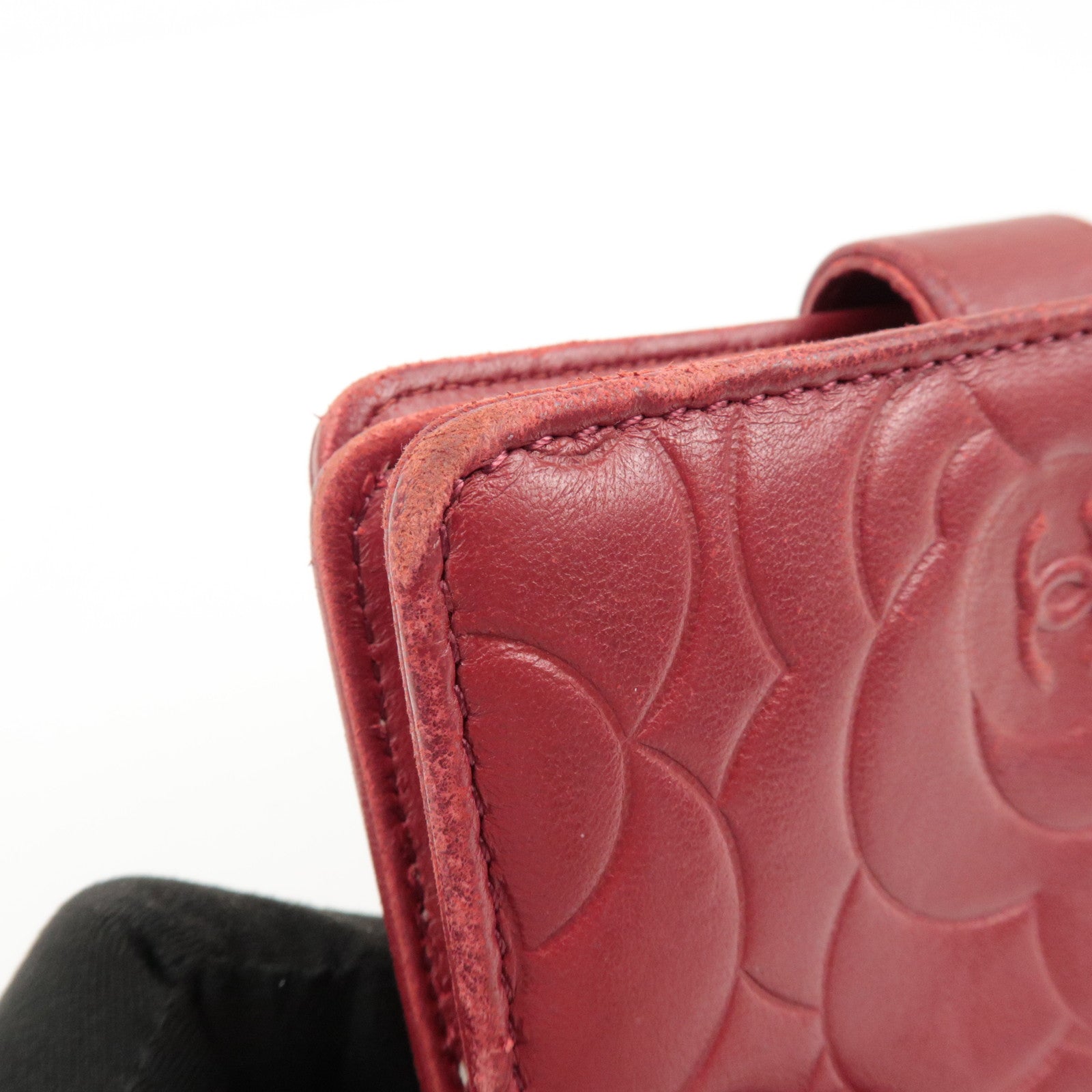 CHANEL COCO Mark Camelia Leather Bi-fold Wallet Red A50087 Used