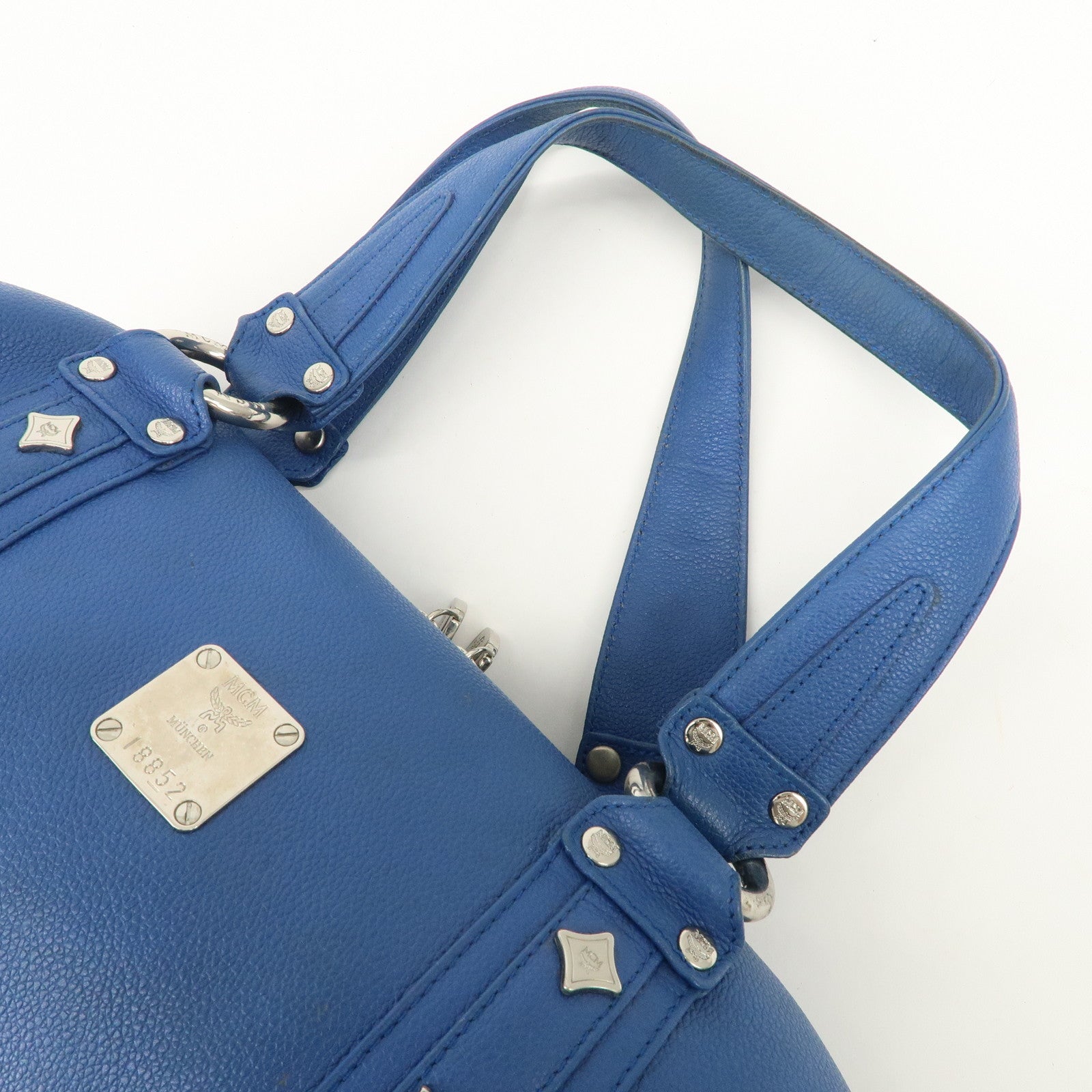 MCM Logo Leather Hand Bag Silver Studs Blue