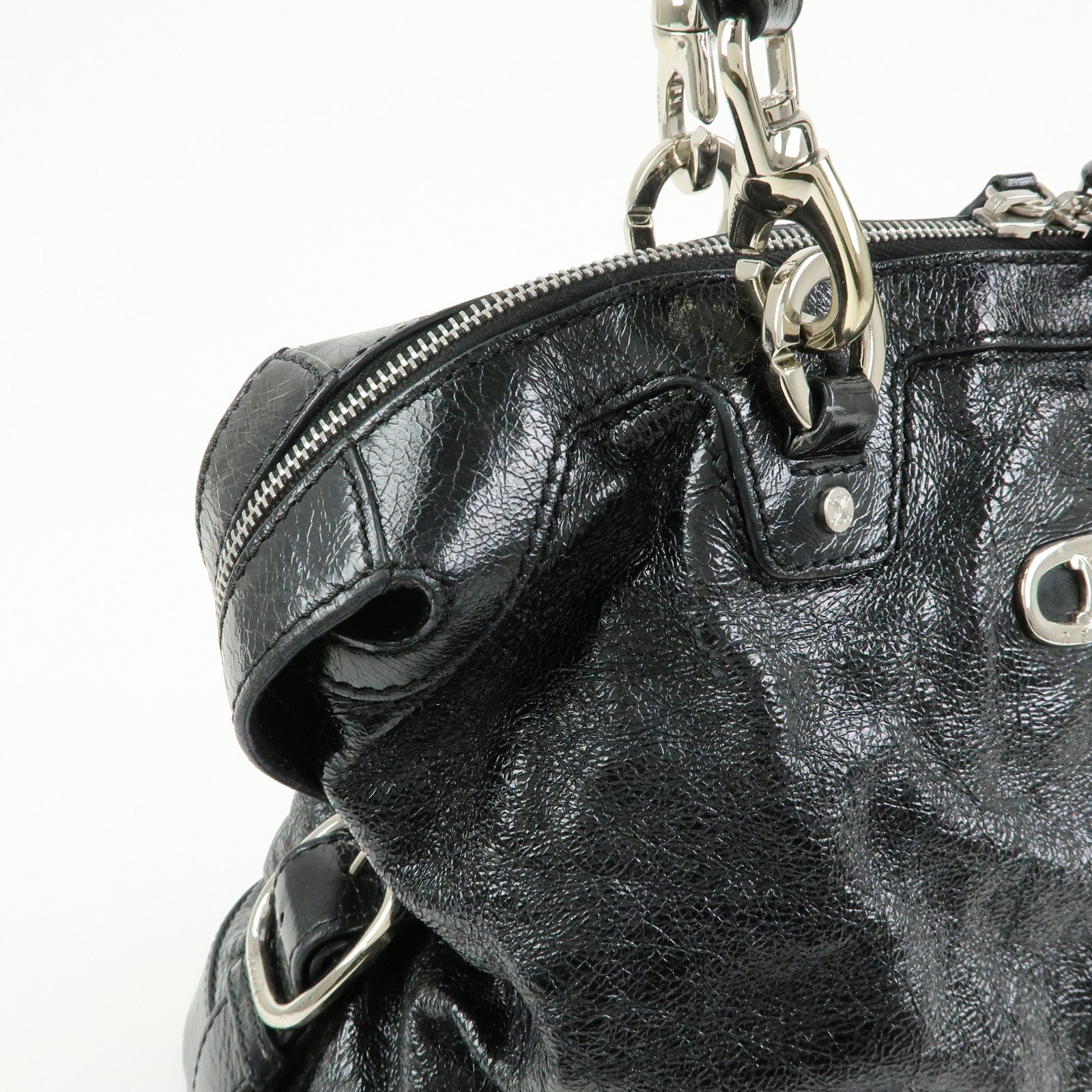 CELINE Patent Leather Macadam Stamped Boston Bag Hand Bag Black