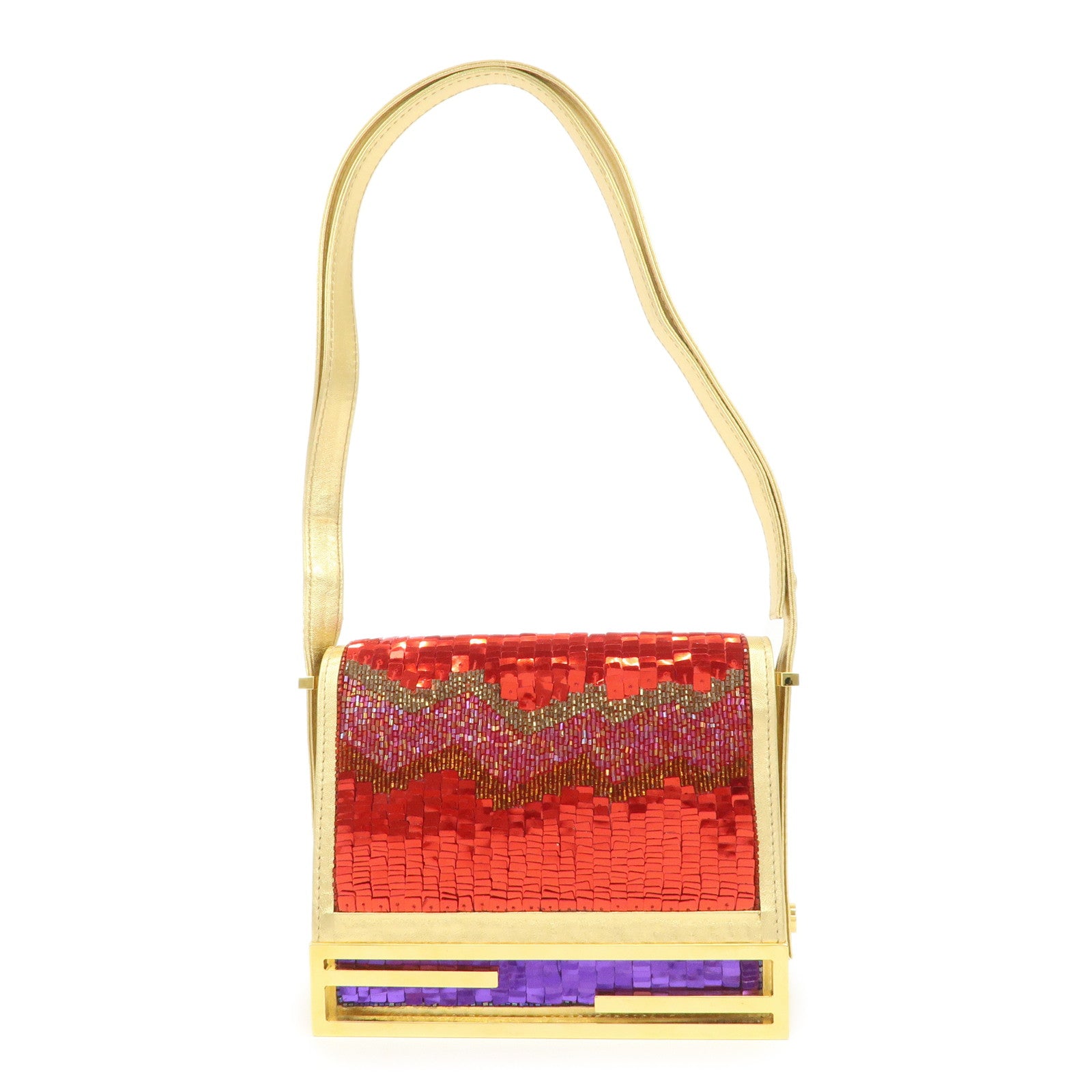 FENDI Leather Sequin Shoulder Bag Crossbody Bag Gold Red Purple