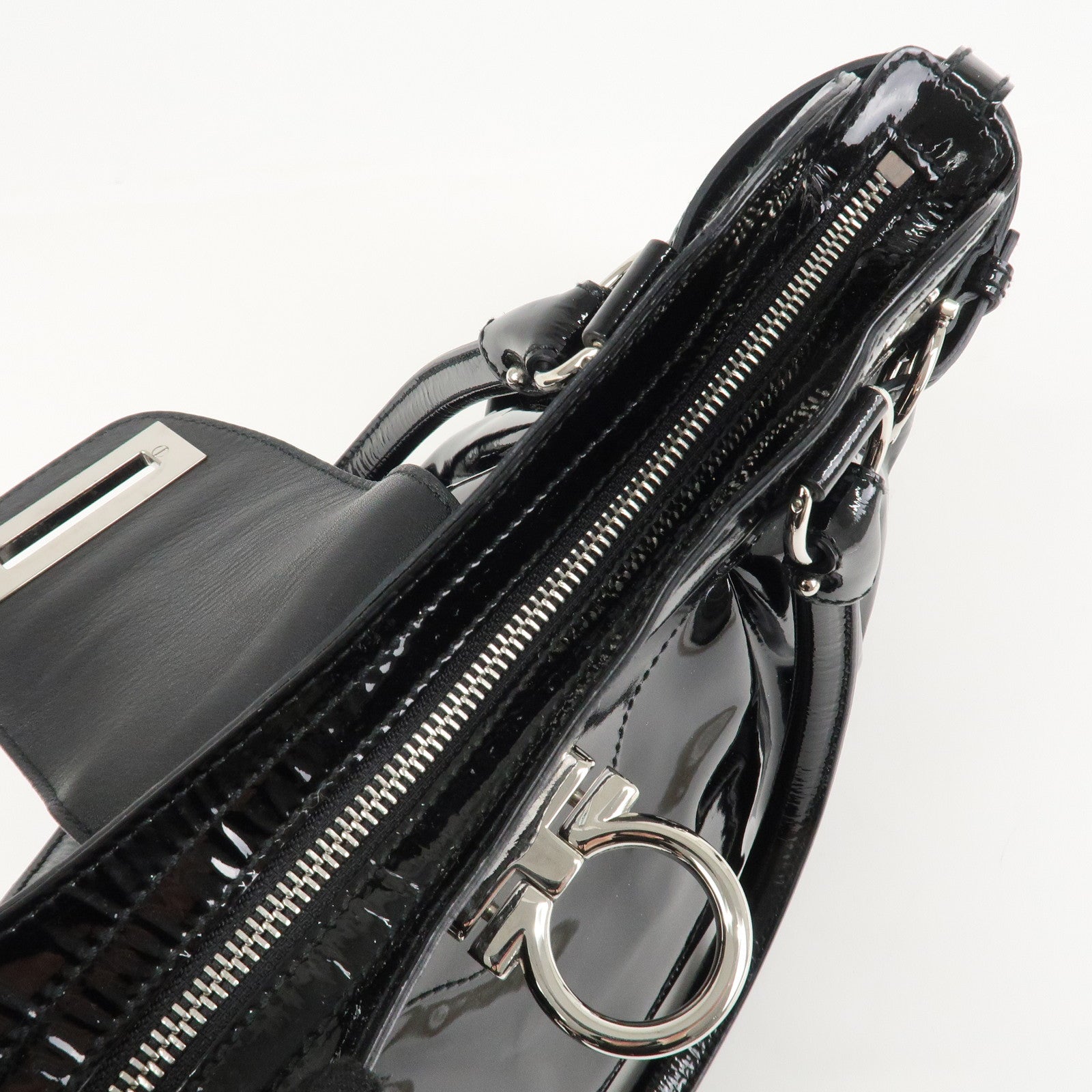 Ferragamo Gancini Patent Leather Shoulder Bag Black Silver HDW Used