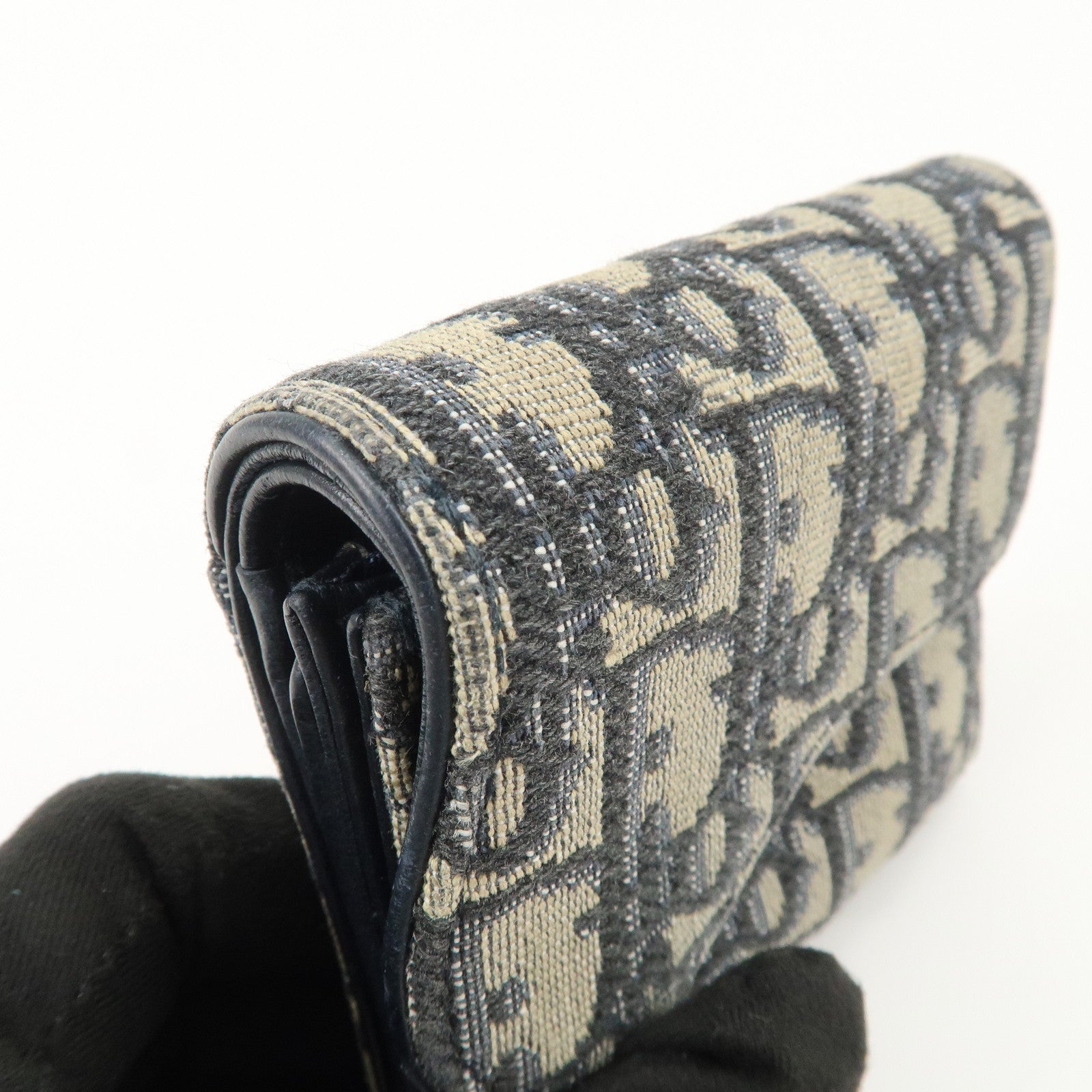 Christian Dior Trotter Canvas Leather Tri-fold Compact Wallet Navy