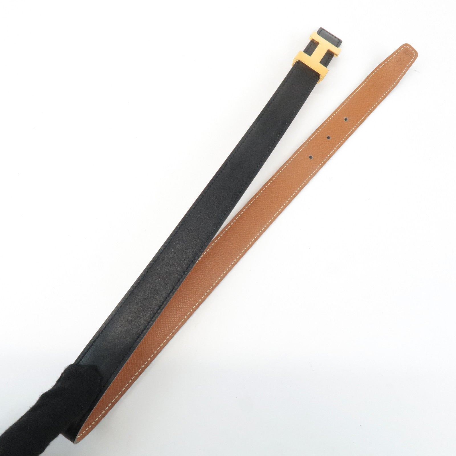 HERMES Cushvel Leather H Buckle Constance Belt H Stamped Black Gold Used