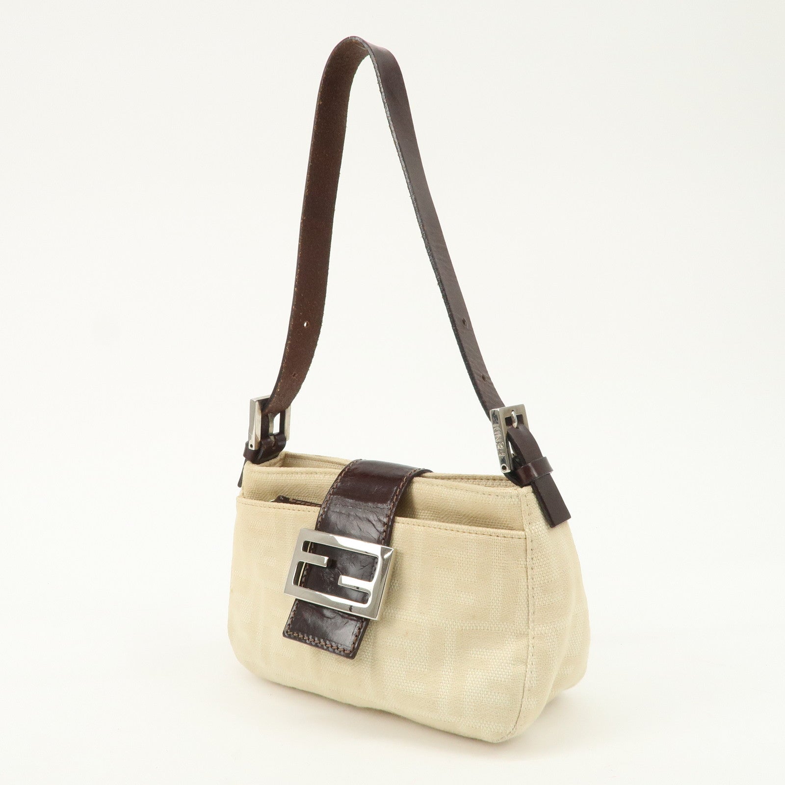 FENDI Zucca Canvas Leather Shoulder Bag Beige Brown 26723